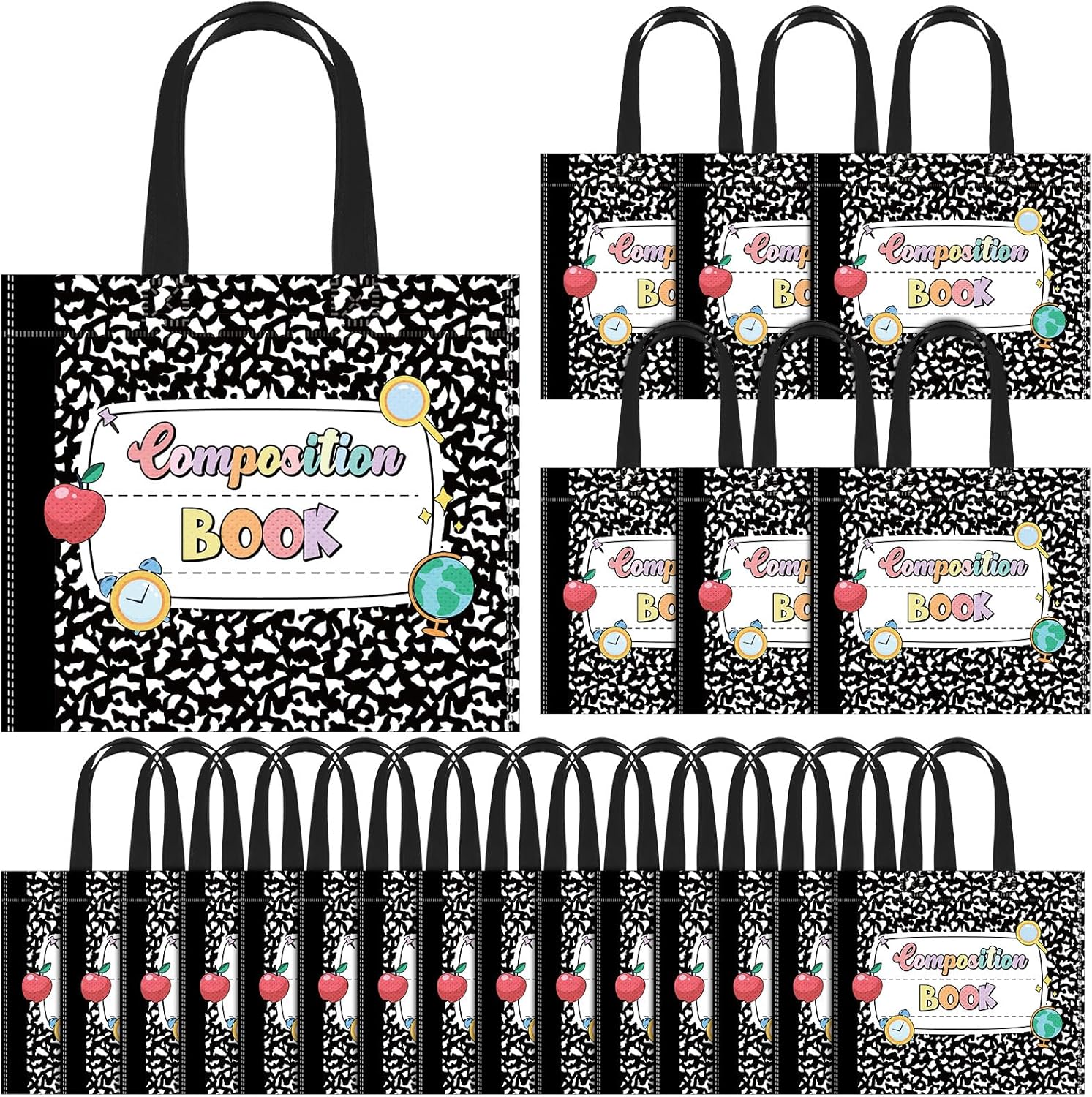 Cosblank 24 Pcs Teacher Appreciation Gift Bags Composition Notebook Non Woven Back to School Gift Bags with Handle Candy Treat Thank You Party Favors Supplies for Graduation Wrapping Supplies