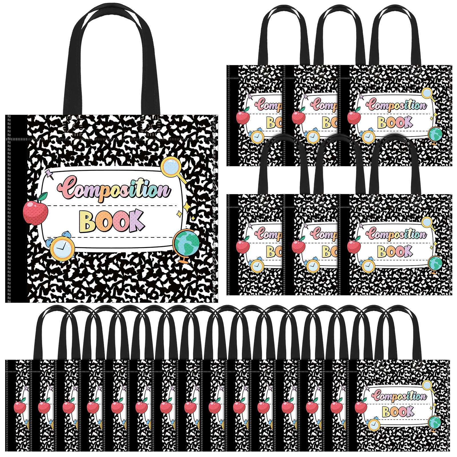 Cosblank 24 Pcs Teacher Appreciation Gift Bags Composition Notebook Non Woven Back to School Gift Bags with Handle Candy Treat Thank You Party Favors Supplies for Graduation Wrapping Supplies
