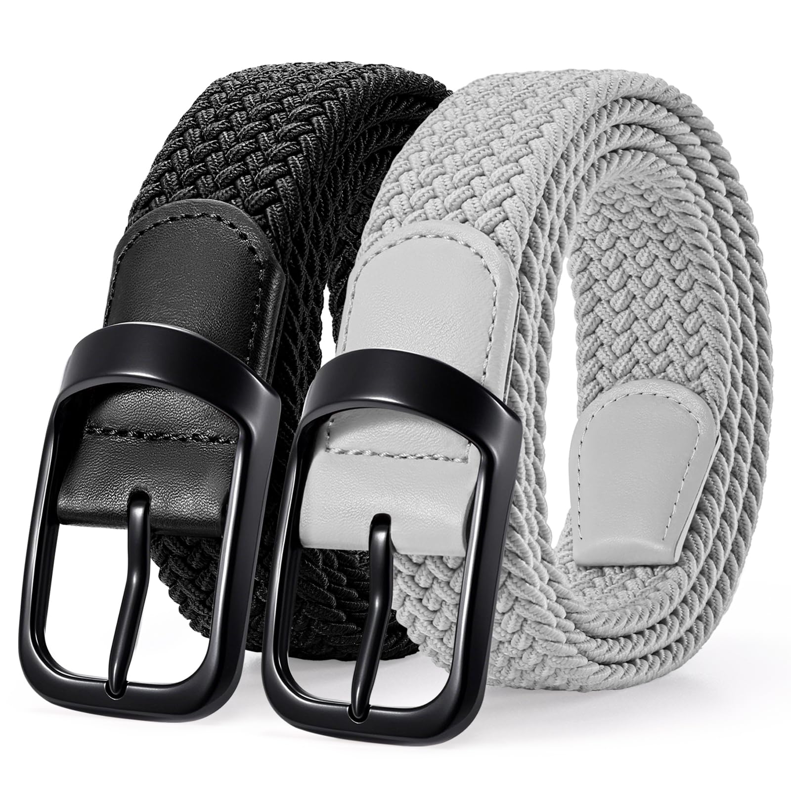 LEACOOLKEY 2 Pack Stretch Belts for Men Elastic Woven Braided Belt 1 3 8 Casual Golf Belt for