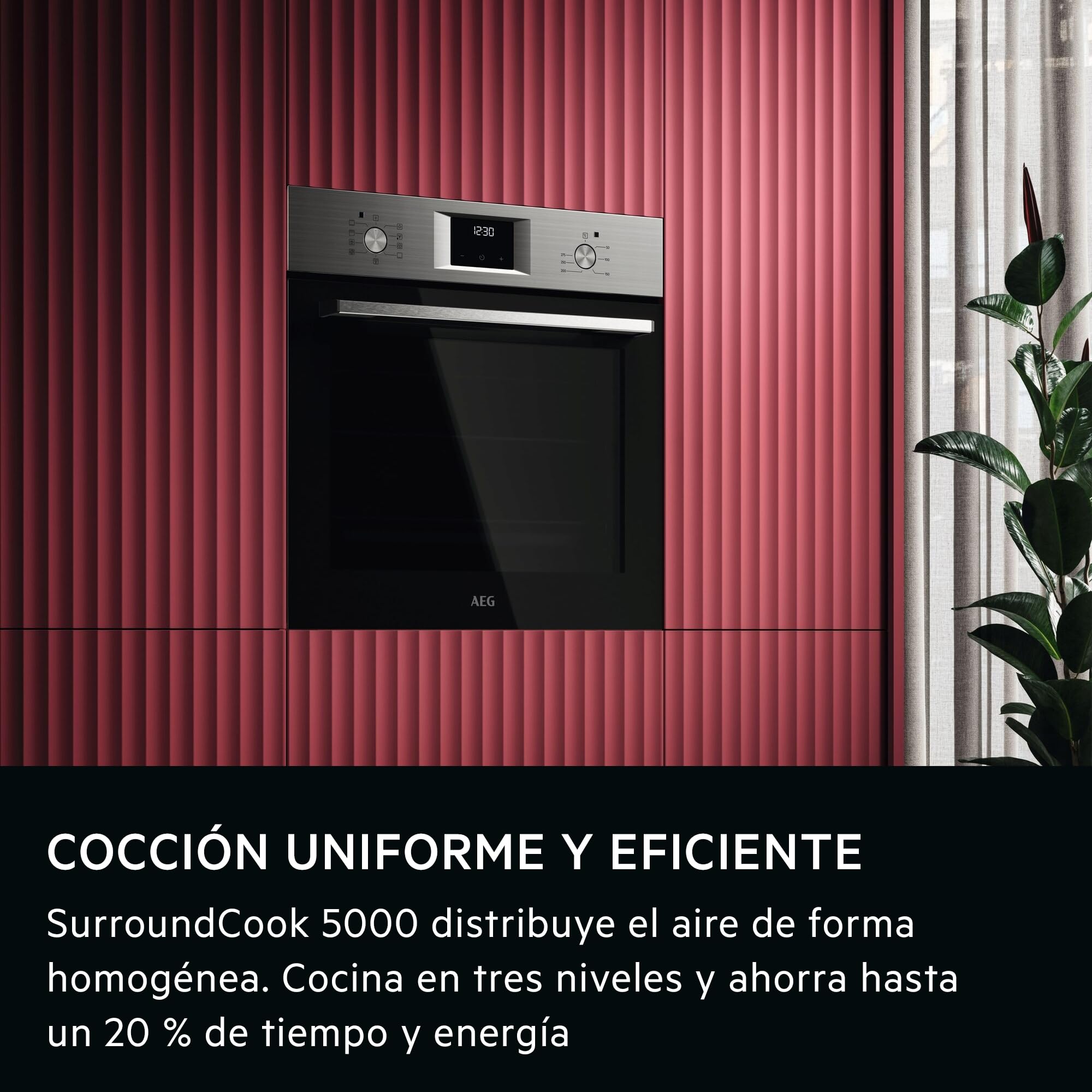 AEG OU5AB21CM – Horno Multifunción Serie 5000 SurroundCook, 65 L, Display LED, 9 Funciones, Limpieza AquaClean, Mandos Escamoteables Inox, Puerta 4 Cristales, Inox Infinity
