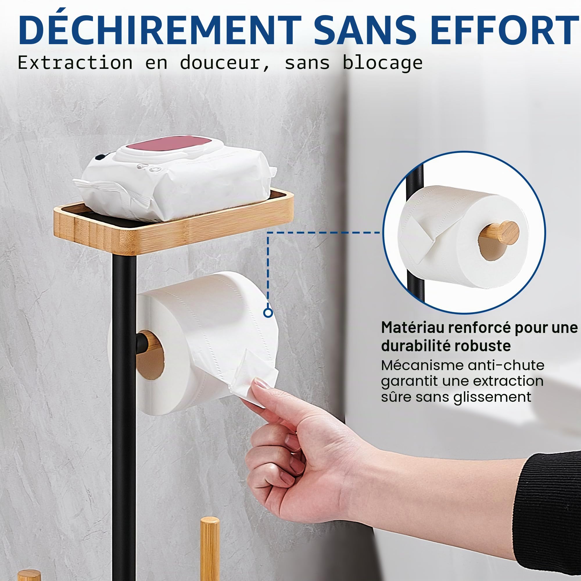 Porte Papier Toilette sur Pied avec Brosse WC Support Papier WC Rangement sans Percage pour 4 Rouleaux, Bois Noir, Carré