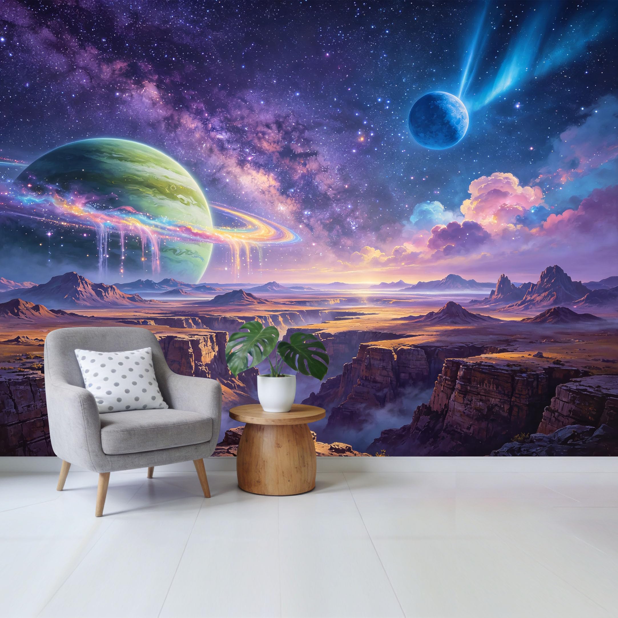 Custom Size Wall Mural Cosmic Landscape Planet Rings Galaxy Sky Abstract Removable Self Adhesive Fabric Home Wall Decor for Living Room Bedroom Bathroom