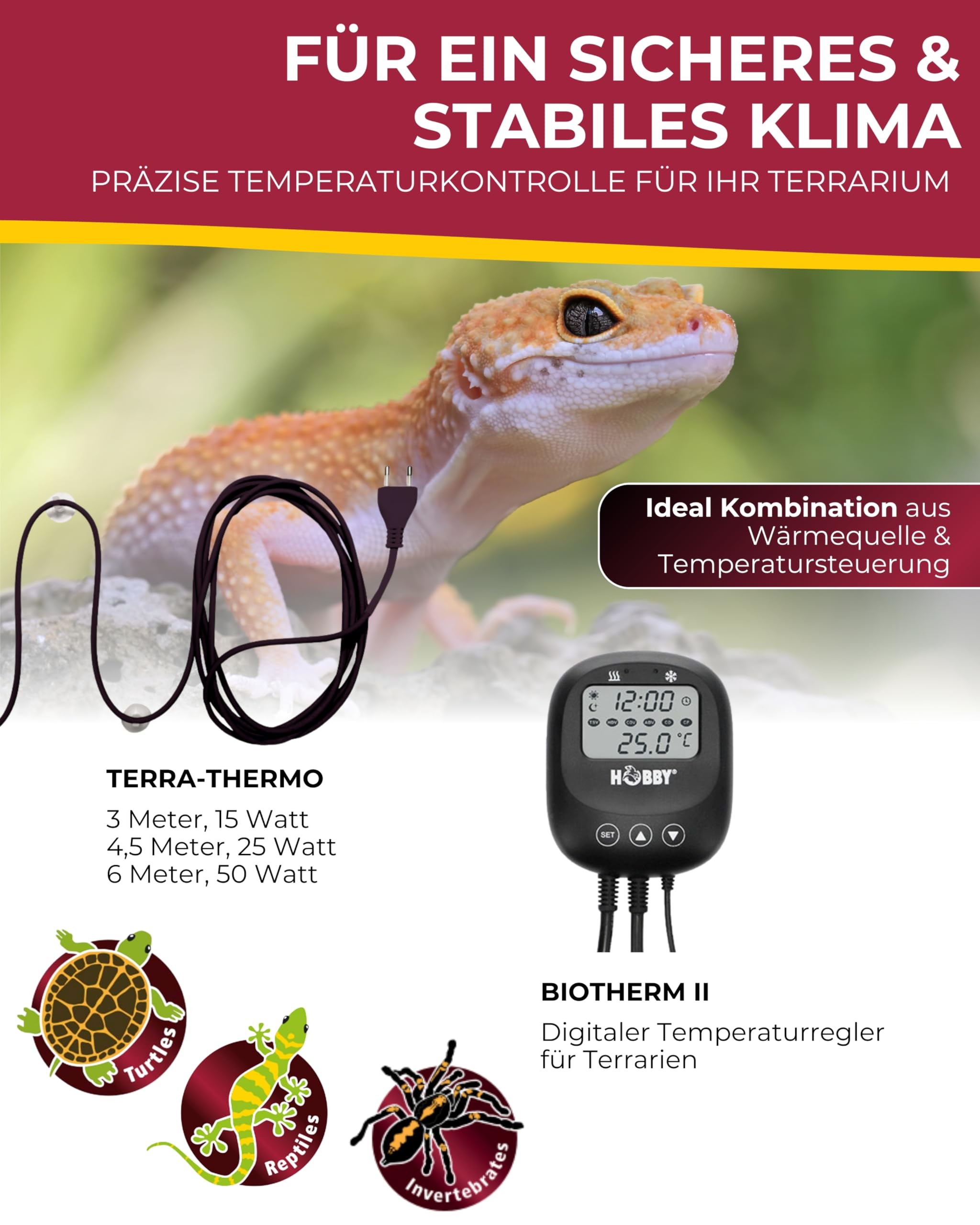HOBBY Terraristik Terra-Thermo I Heizkabel für Terrarien I 3 m 15 Watt I Wärmekabel zur Temperaturregulierung I doppelt silikonummantelt und wasserdicht I Terrarienheizung für Reptilien und Amphibien