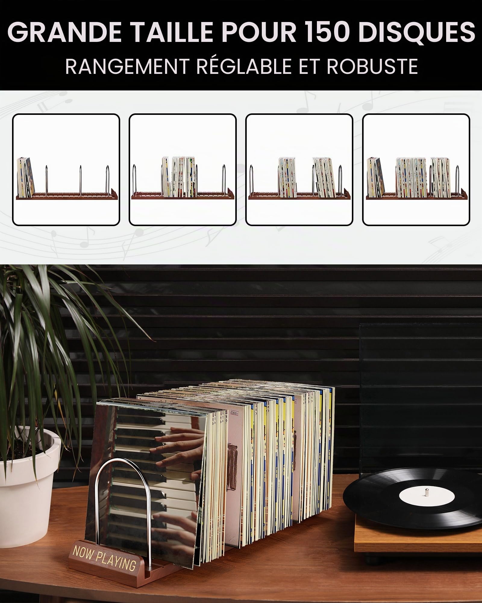BS-VOG Now Playing Support de rangement pour disques vinyles 150 LP avec rainures antidérapantes, support de disque vinyle rotatif Wood Now pour albums, emballage cadeau