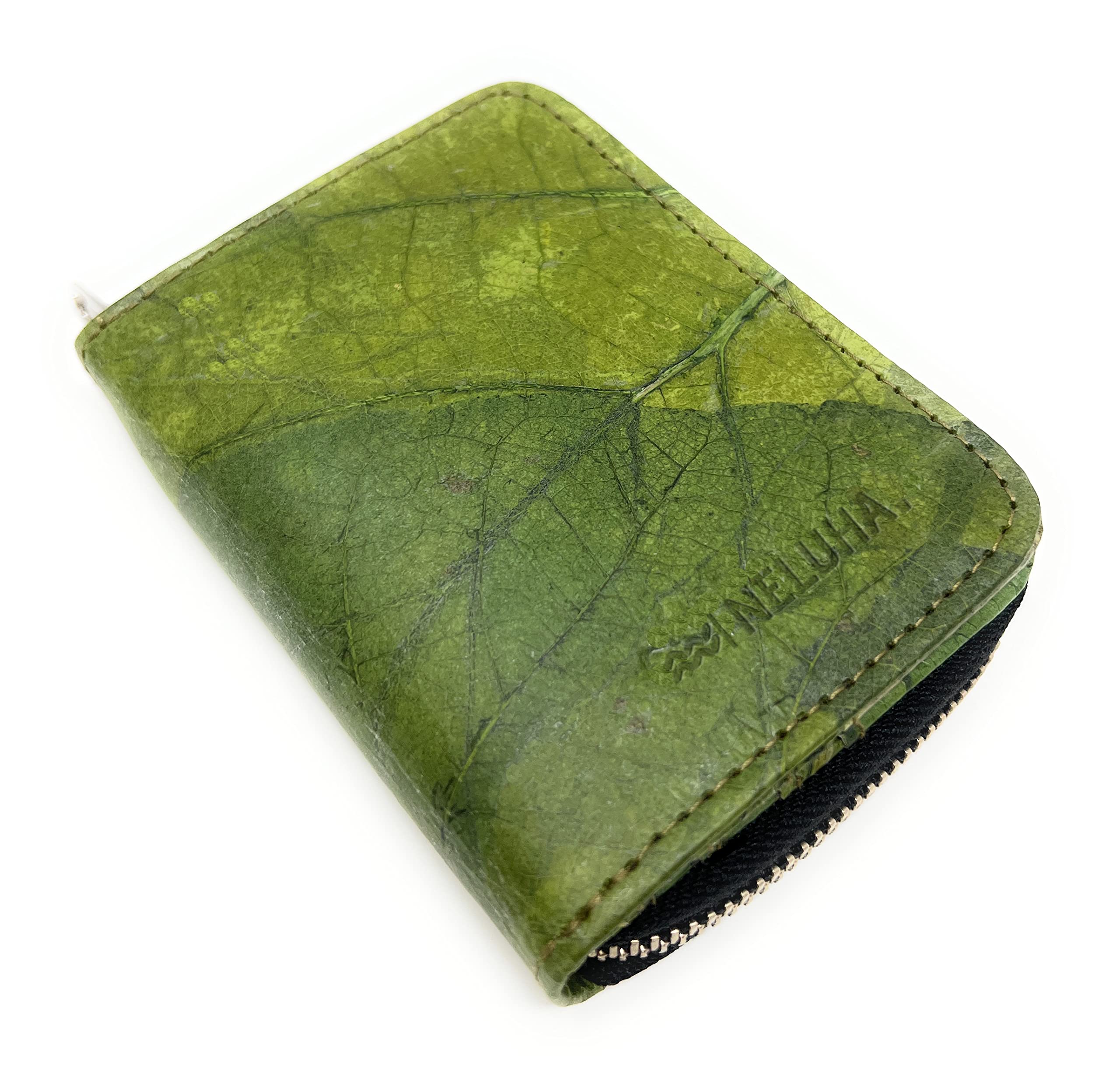 Portafoglio in foglie di teak, un'alternativa in pelle vegana e sostenibile, portafogli con molti scomparti apribili con chiusura lampo, verde, 12x9x3cm, Casual
