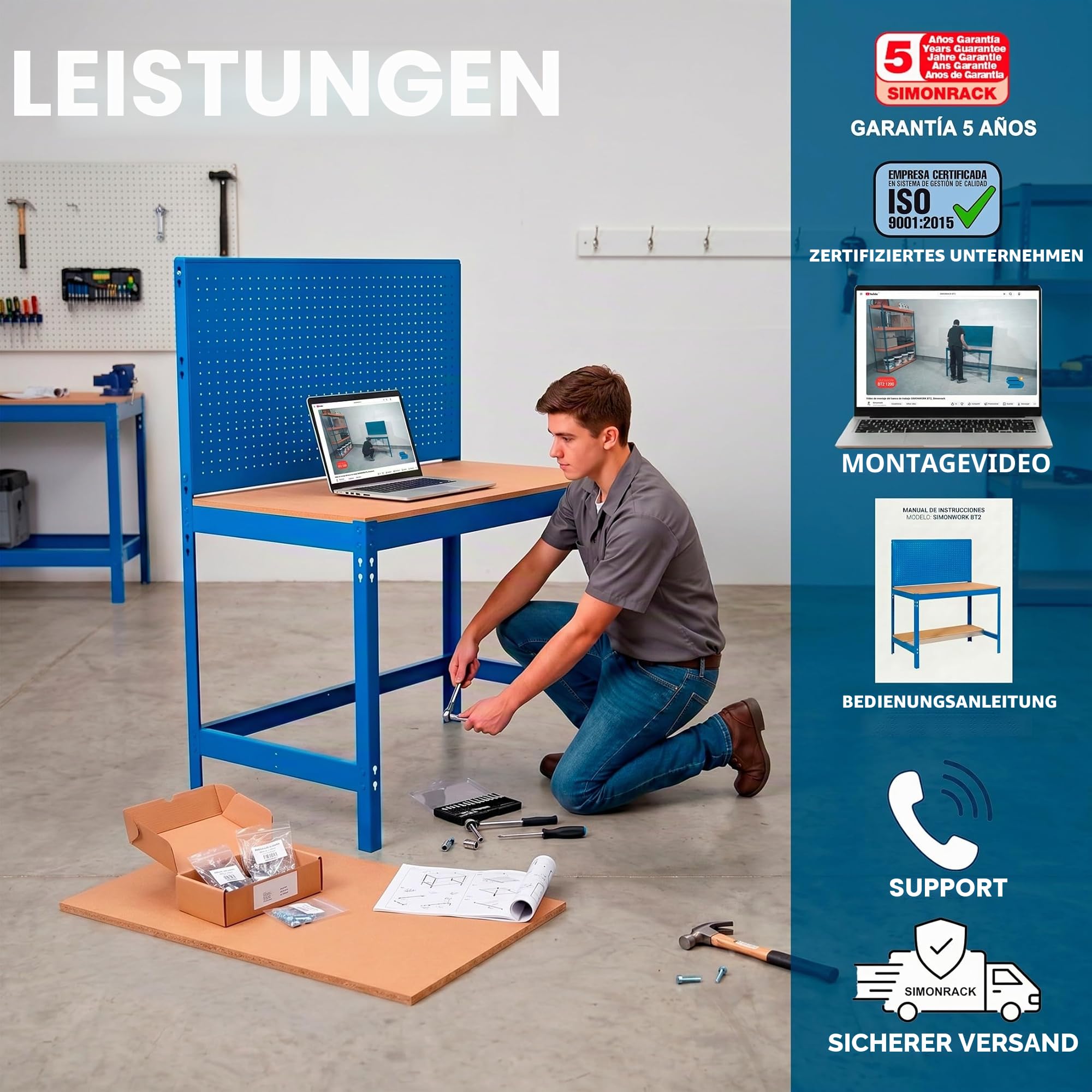 SimonRack Werkbank 400 kg Belastbarkeit, 144,5x91x61 cm, Große Arbeitsfläche Arbeitsfläche, Arbeitstisch, Holz-Arbeitsplatte, Grau/Holz - BT2 | Holzplatte 16 mm, Tragfähigkeit 400 kg, Korrosionsschutzlackierung, Klicksystem-Montage, Grau