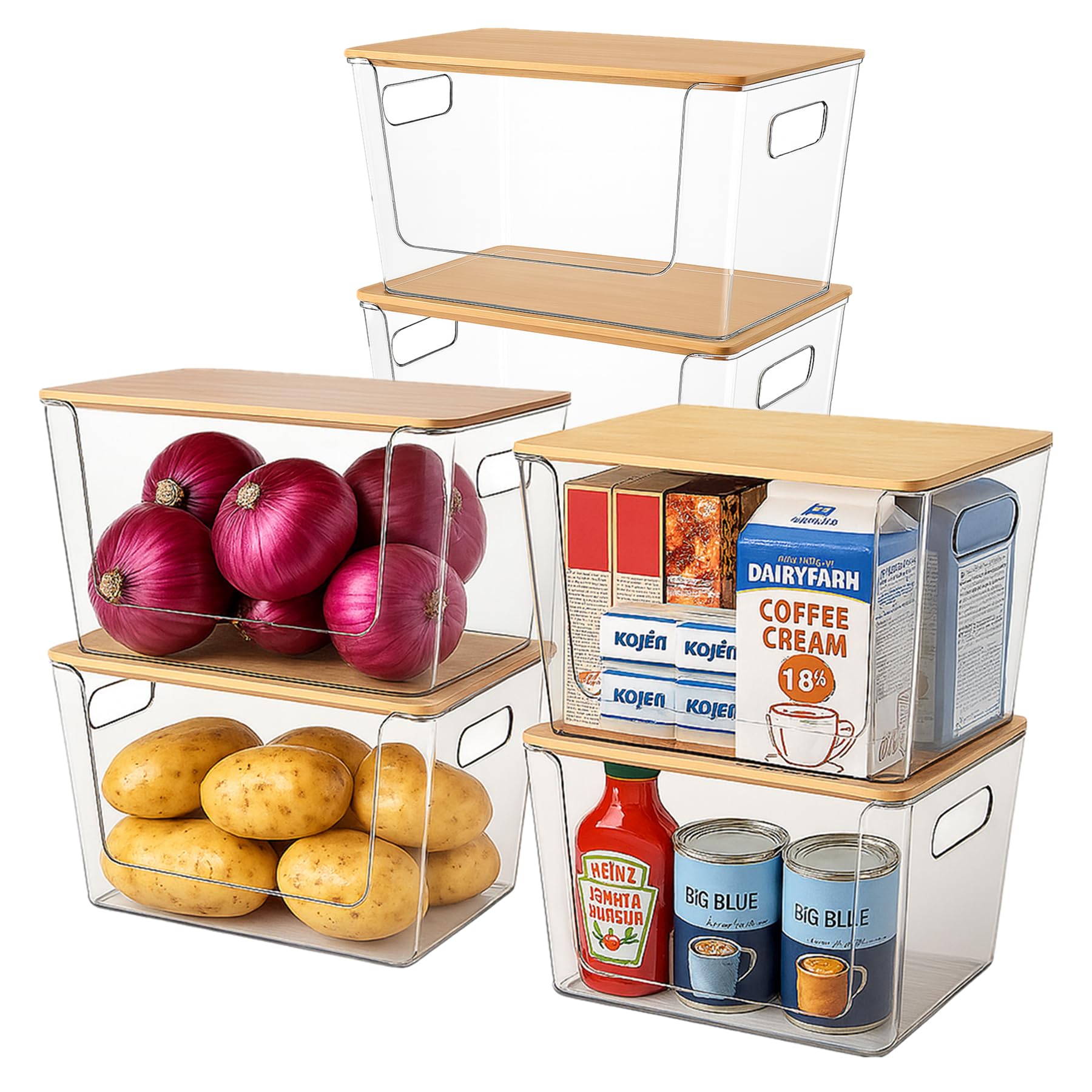 Paquete de 6 contenedores de almacenamiento apilables transparentes con tapas de bambú, contenedores de almacenamiento de plástico con asa para despensa, baño, cocina, armario, organizador de