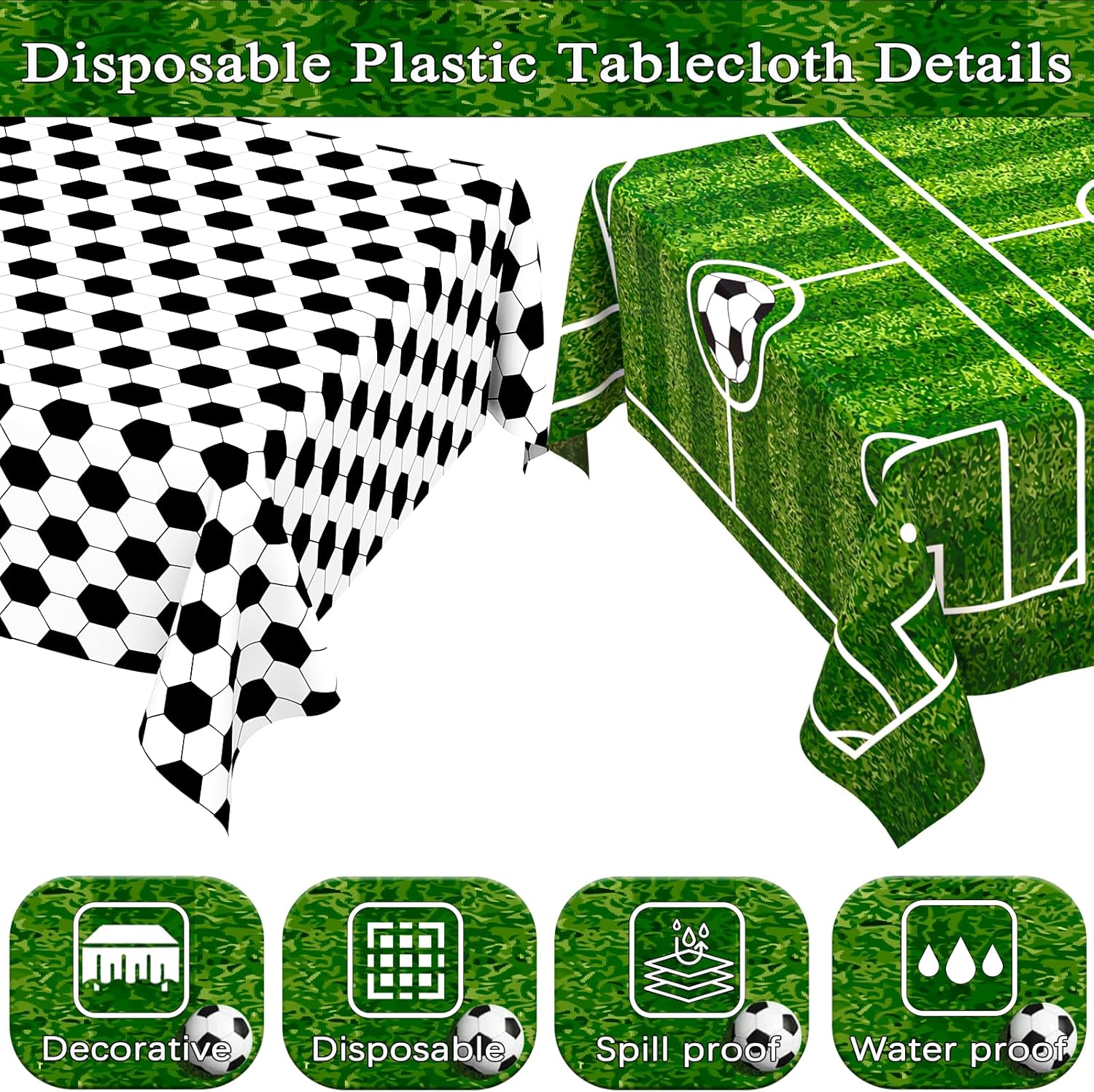WNINK 2 Pack Plastic Tablecloth - Soccer Party Decorations - Disposable Rectangle Table Cover - Grass Pattern - for Soccer Theme Birthday Party - 54 x 108 Inch - Image 3