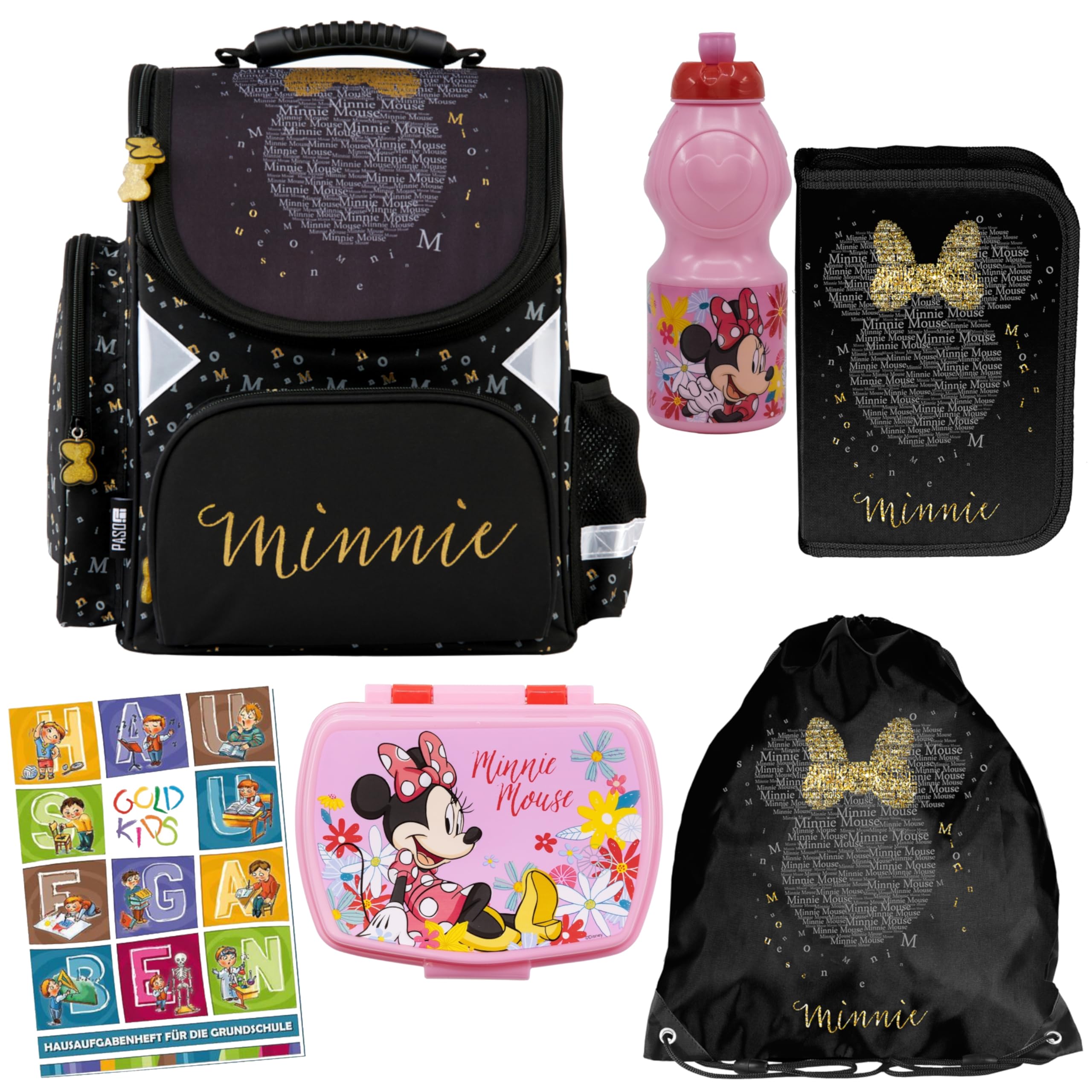 Goldkids - Mochila escolar para niños y niñas - Mochila escolar para niños con estuche - Bolsa para zapatos, fiambrera, botella y cuaderno de tareas - Diseño de Minnie Mouse - 1-3 Clase, Juego de 6,