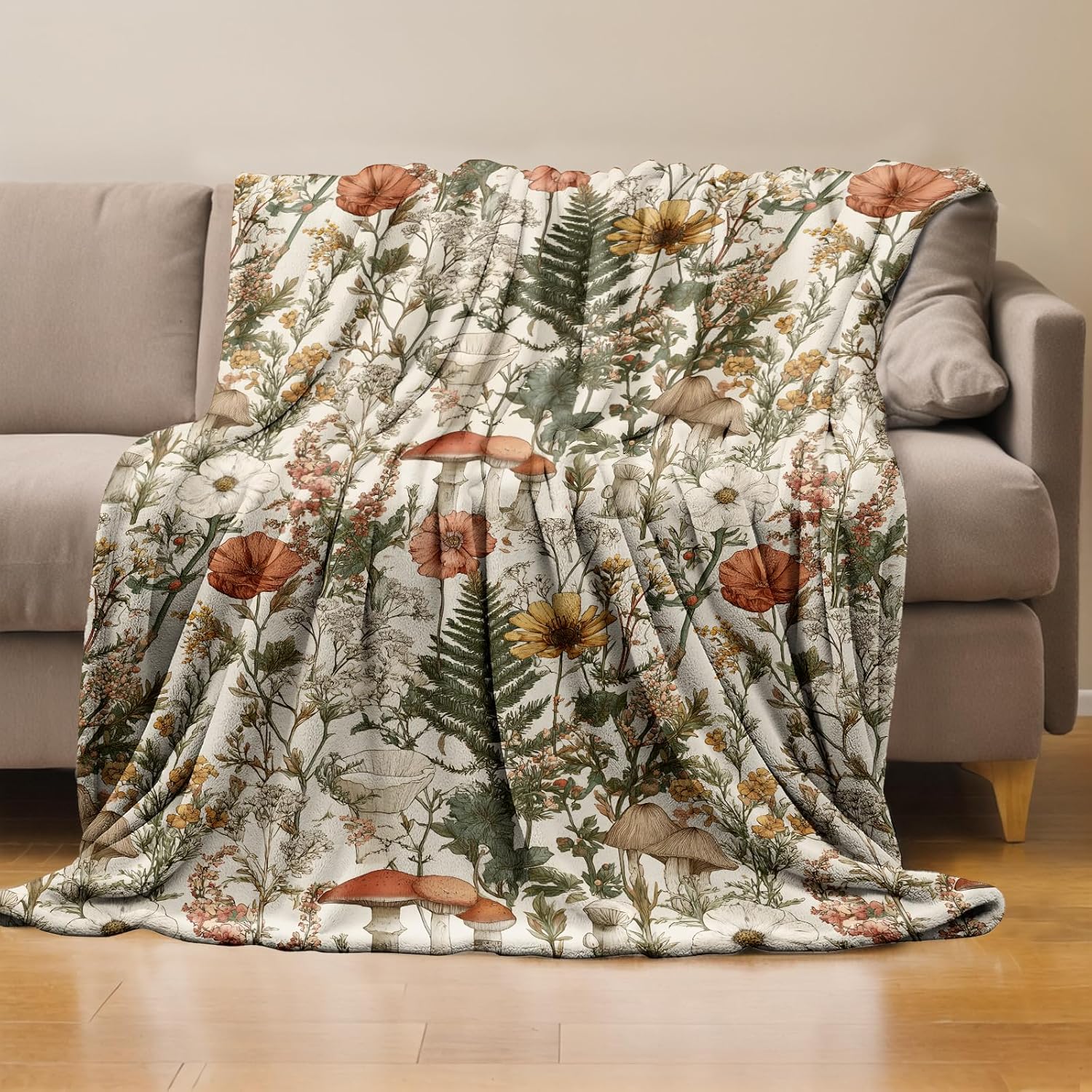Mushroom Floral Throw Blanket Gifts for Boys Girls Kids Adults, Vintage Forest Botanical Theme Flannel Blankets for Travel Sofa Living Room Decor 60"X80"