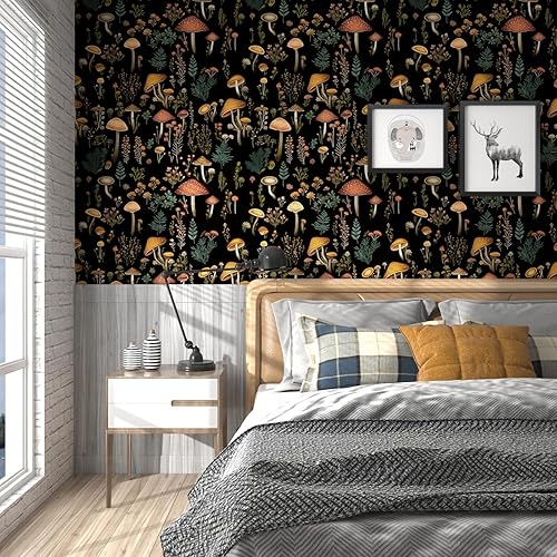 Miniatura 8 de Laatse Papel tapiz de contacto con hongos bohemios, color negro, floral, despegar y pegar, 17.5 pulgadas x 32.8 pies, mural autoadhesivo extraíble,