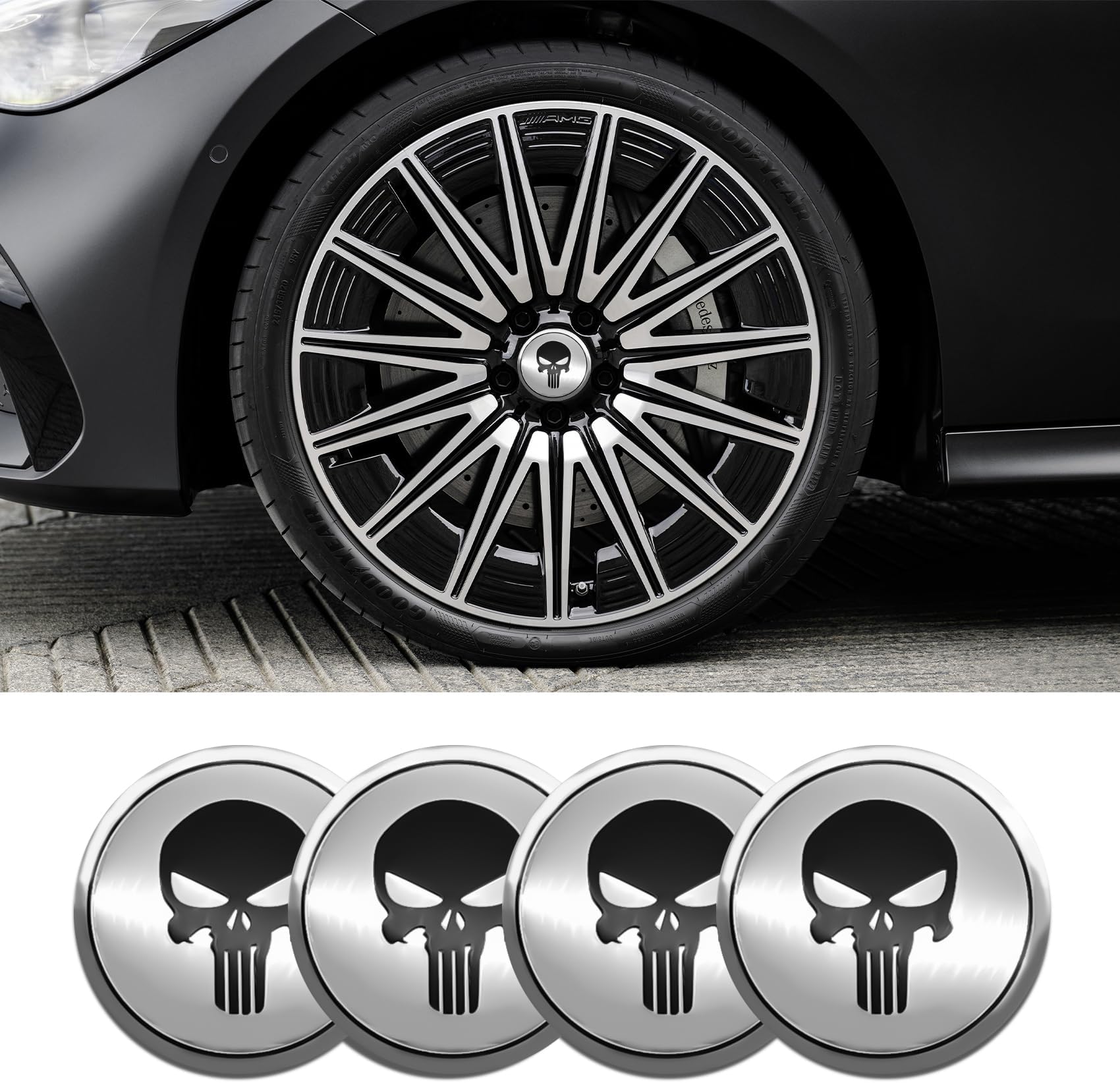 4PCS Car Wheel Center Hub Cover, Center Caps for Rims, Waterproof & Rustproof Automotive Accessories Decals, Universal Car Accessories Hub Caps Compatible with Cars (Silver/Balck Skull)