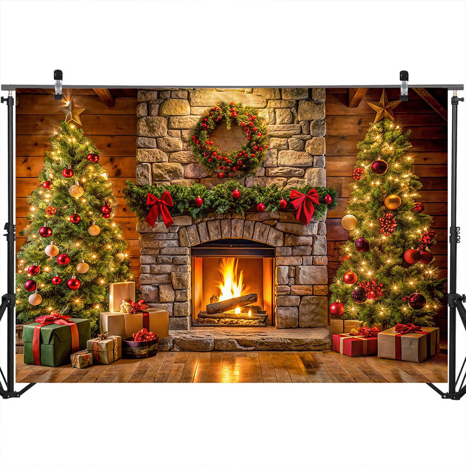 Avezano Weihnachts-Hintergrund Kamin & Baum – 2,1 X 1,5 M, Aus Baumwollstoff, Waschbar, Faltenarm – Für Familienfotos & Party-Deko