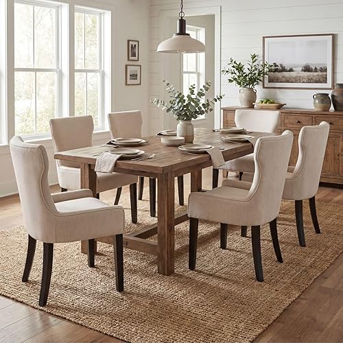 Miniatura 8 de Juego de 4 sillas de comedor de madera, sillas de comedor tapizadas con respaldo de ala y patas de madera de caucho, silla decorativa de madera