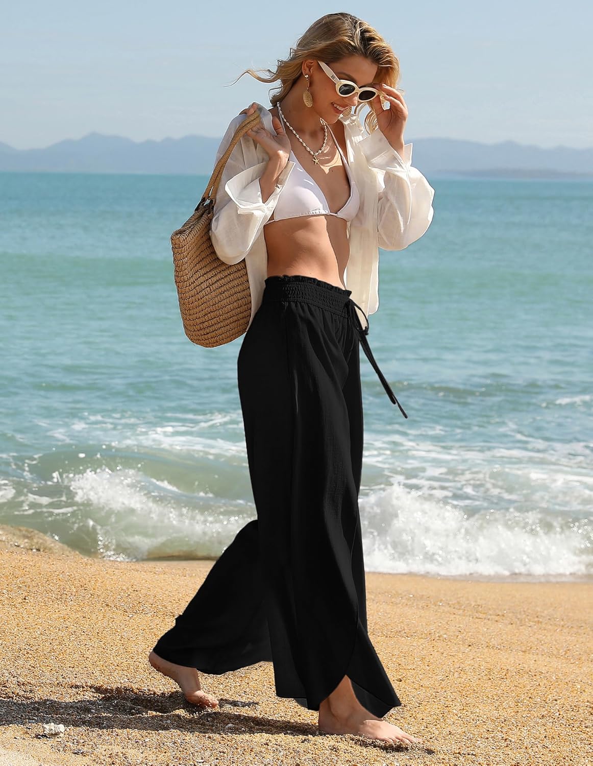 GRACE KARIN Womens Wide Leg Summer Pants Flowy Side Split Palazzo Beach Pants Boho Drawstring High Waisted Trousers - Image 3
