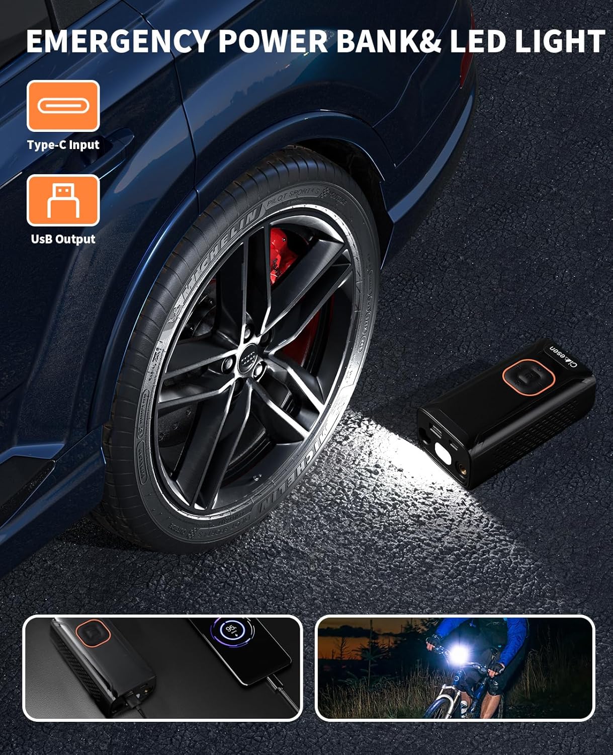 Cimesen Portable Tire Inflator being used at night, showing its LED light function and USB charging port.