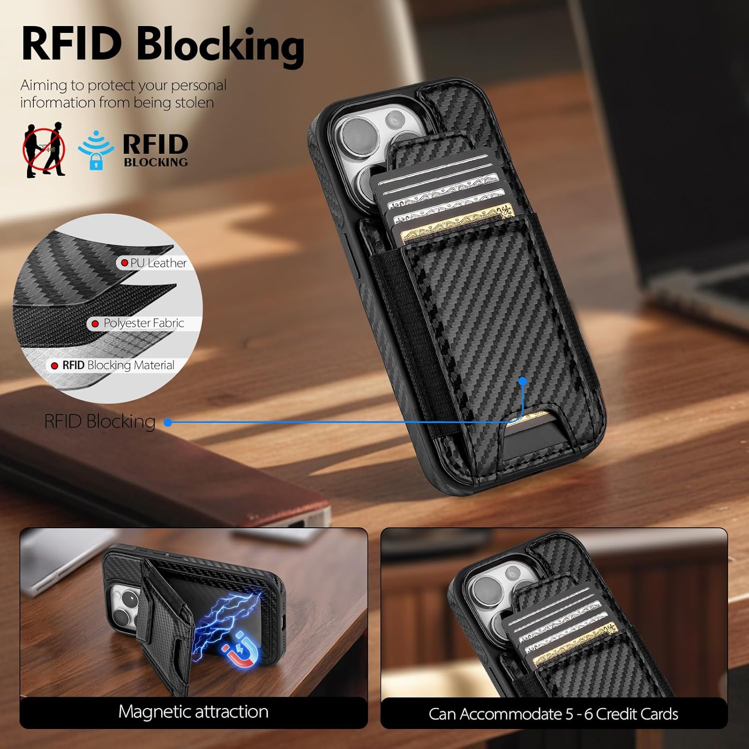 Compatible with iPhone 12 Pro Wallet Case with Card Holder,Women Men Phone Case PU Leather RFID Blocking Shockproof Magnetic Flip Cover Credit Card Slots Kickstand,for Apple 12 6.1,(Black) - Image 2