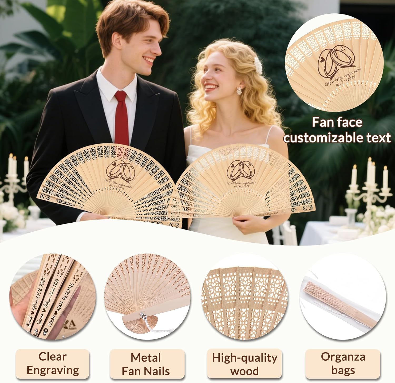 50Pcs Personalized Wedding Fans for Guests Bulk - Custom Fans for Wedding Guests, Handheld Fan Foldable with Tassels & Organza Bags, abanicos de mano para fiesta Gift & Wedding Party Favors