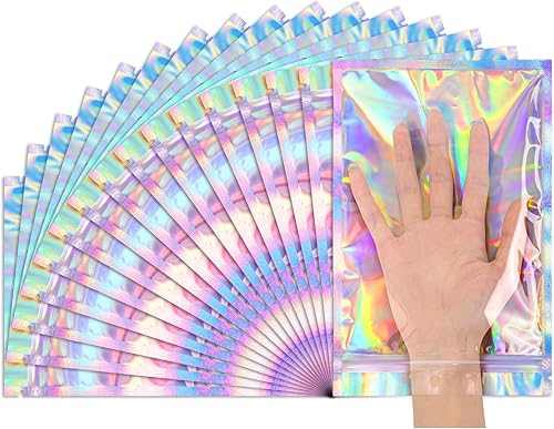 Miniatura 21 de Funfery Paquete de 100 bolsas holográficas a prueba de olores, bolsas resellables con ventana transparente, bolsa de aluminio de Mylar