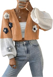Women's Y2K Cropped Cardigan Flower Long Sleeve Open Front Cardigan Sweater