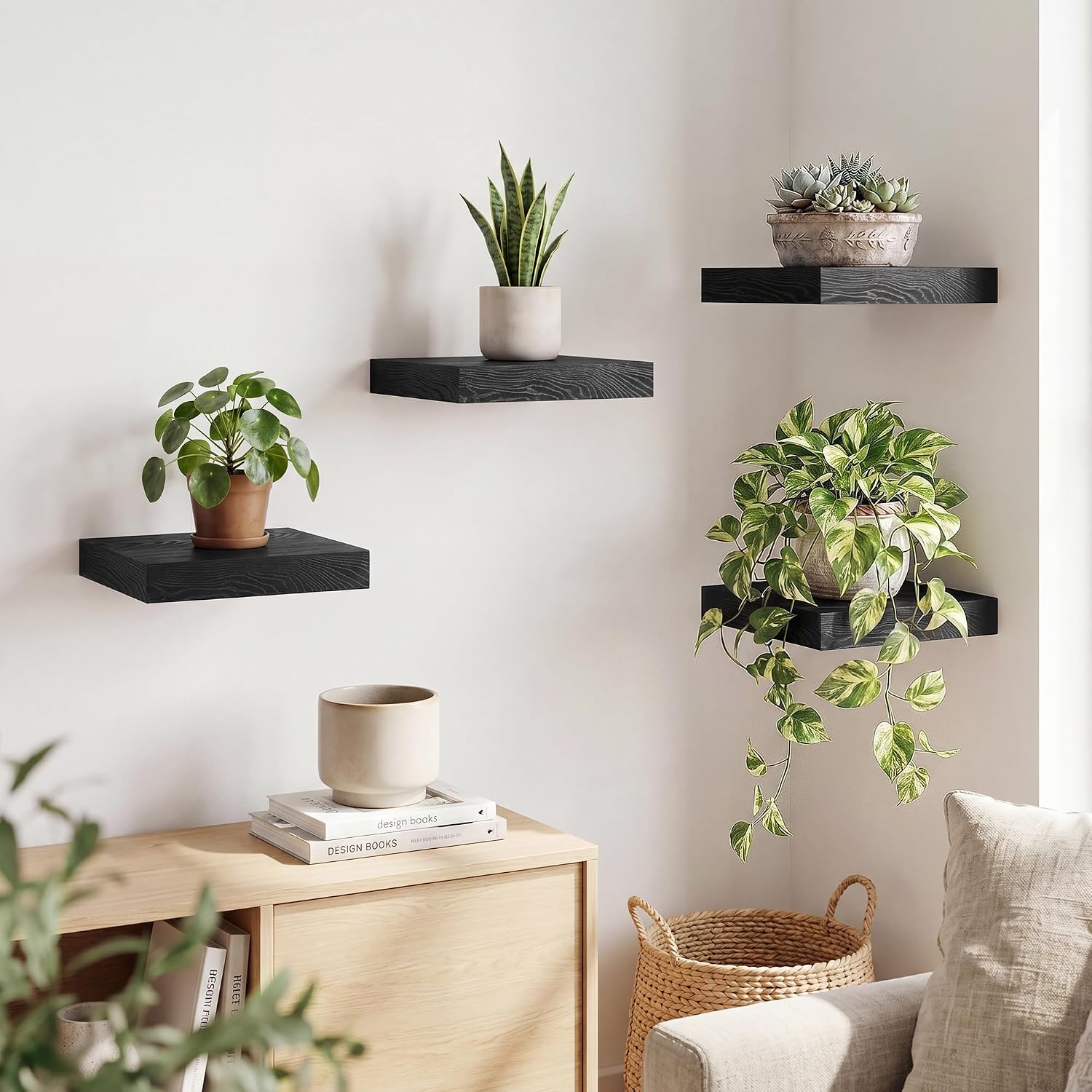 RICHFOCUS 8 Inch Floating Shelves for Wall Small Square Shelves Set for Bedroom|Kitchen|Bathroom|Laundry Room Rustic Wood Wall Mounted Shelf with Invisible Brackets for Books|Storage|Decor, Black