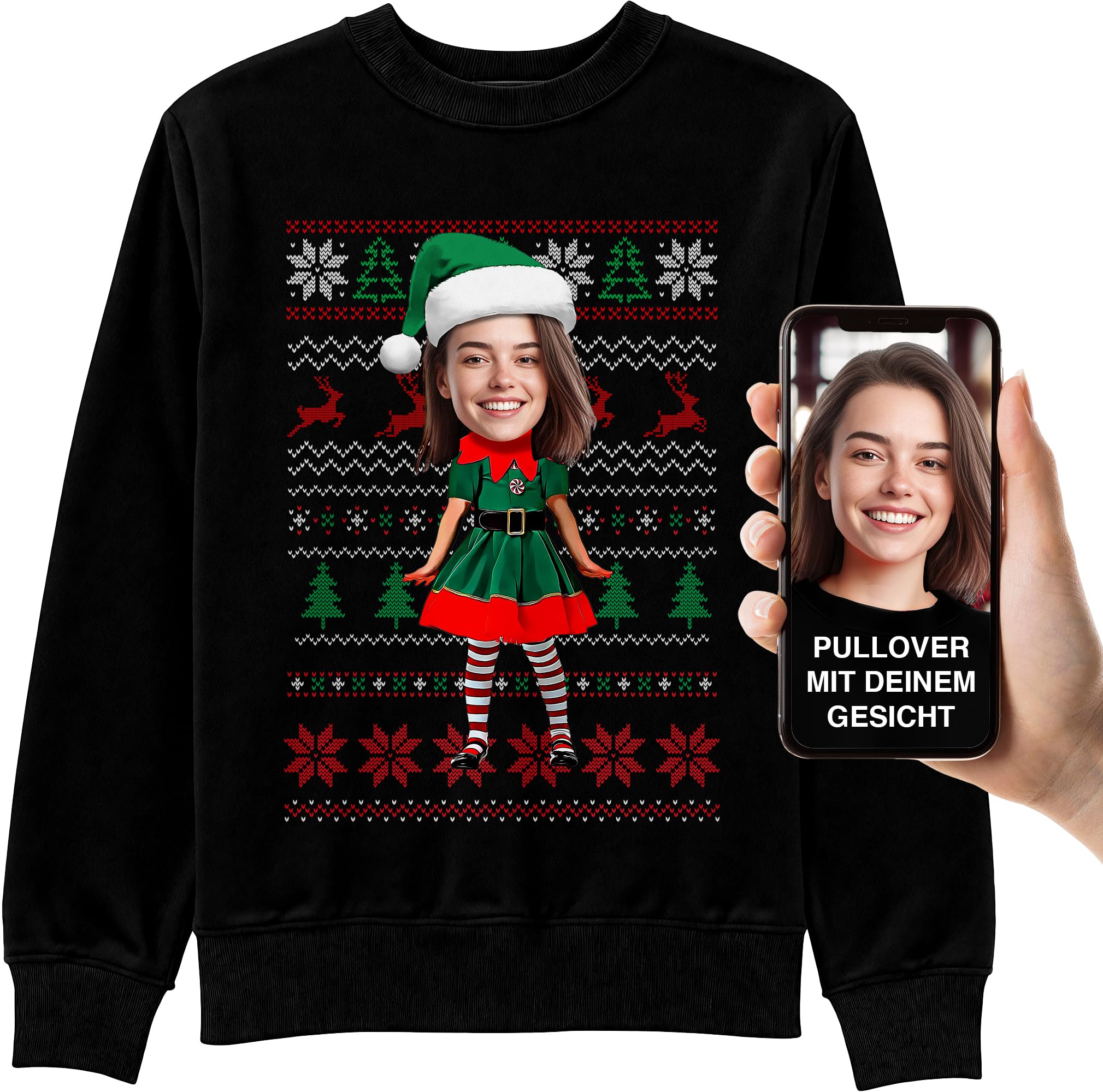 BLAK TEE Personalisierte Geschenke Weihnachtspullover Kinder mit Einem Foto —Schwester Elf— Weihnachtspullover Familie Set — Hässliche Weihnachtspullover Mädchen und Jungen Schwarz4 12