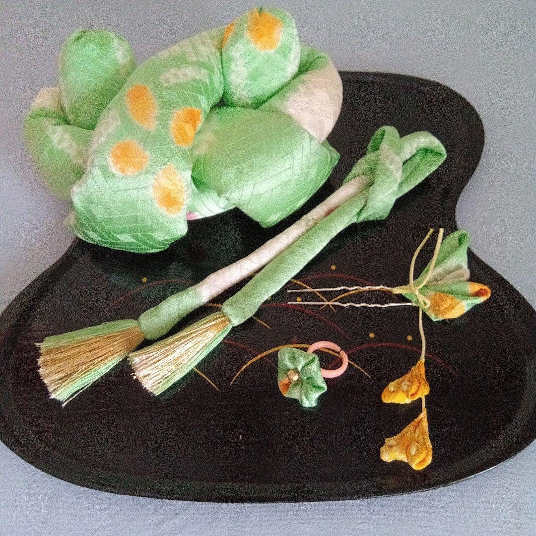 七五三No.24かのこ、前髪飾り房付、簪蝶、指輪4点セット(淡黄