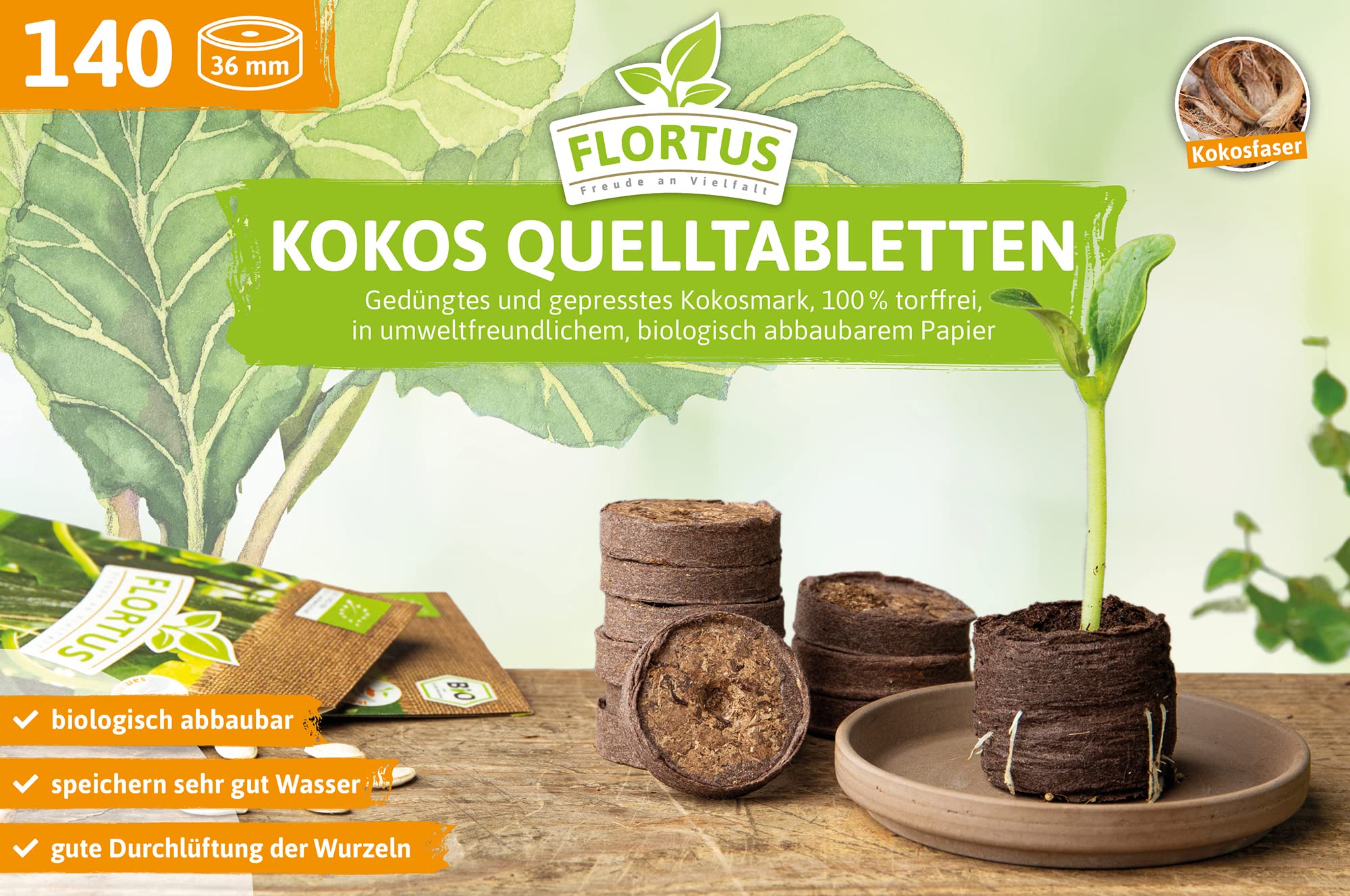 FLORTUS – Kokos Quelltabletten aus Anzuchterde mit NPK Dünger – 140 Stück (36 mm) Kokos Quelltabs torffrei & biologisch abbaubar – Kokoserde für Pflanzen Anzucht – Anzuchterde aus Kokosfaser