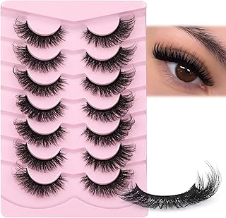 JIMIRE False Eyelashes Fluffy Cat Eye Natural Faux Mink Lashes Dramatic Wispy Fox Eye 17MM Strip Fake Lashes Look Like Eyelash Extensions Pestañas 7 Pairs Pack