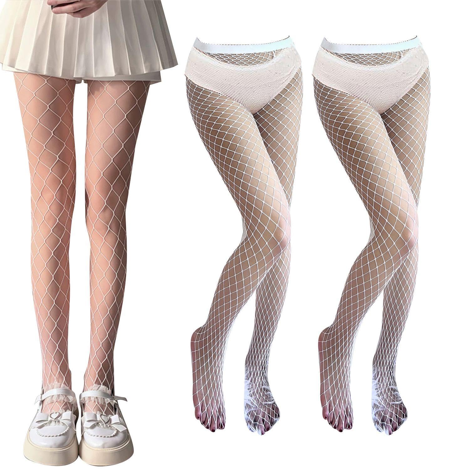 Oodjvn Unisex White 2 Pieces Of Mesh Tights, Women's Net Socks, High Waist Pantyhose, Cross Fishnet, Fashion Bottoming Socks.