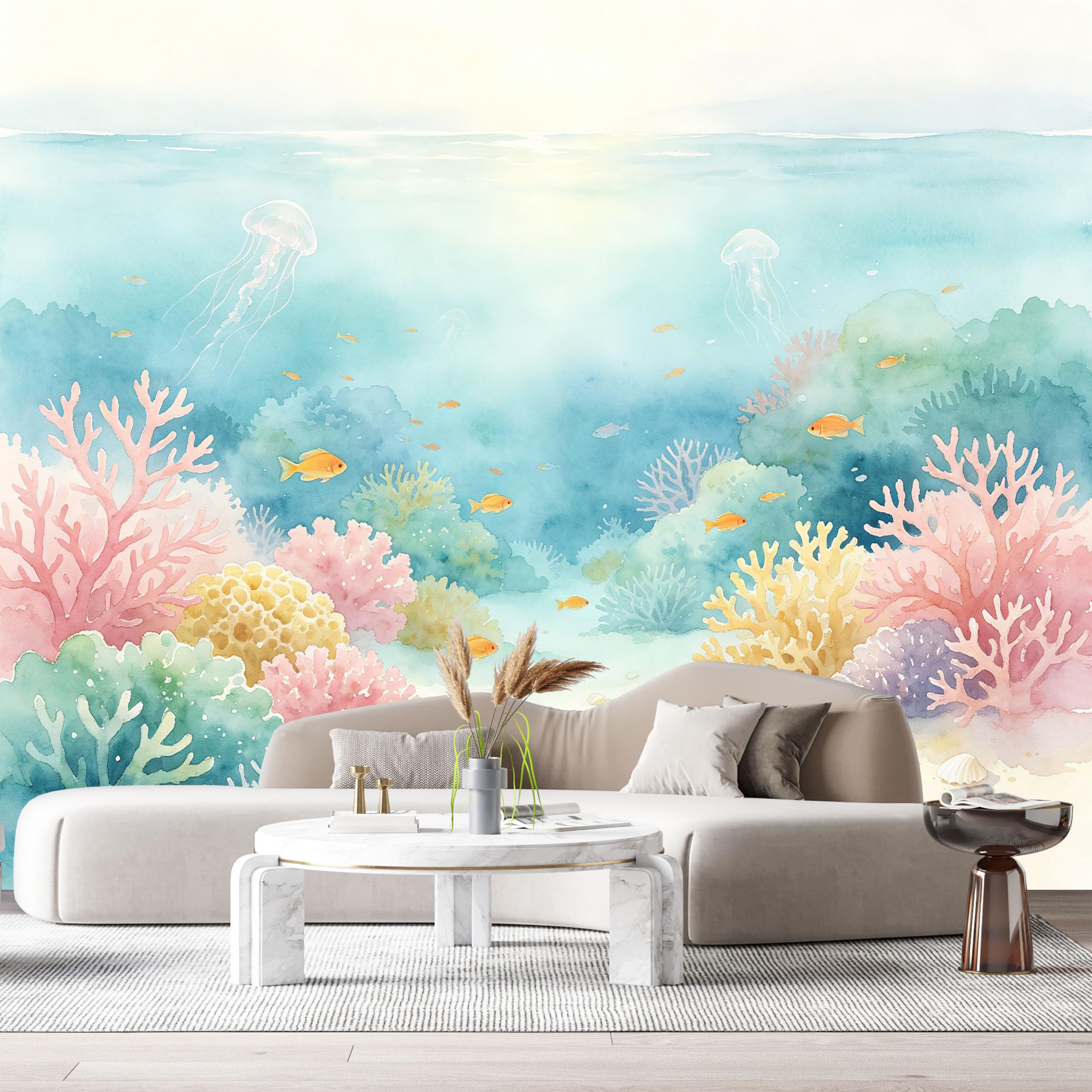 Custom Size Wall Murals Ocean Marine Watercolor Jellyfish Coral Reef SelfAdhesiveWall Fabric Removable Wallpaper Wall Decor for Living Room Bedroom Bathroom