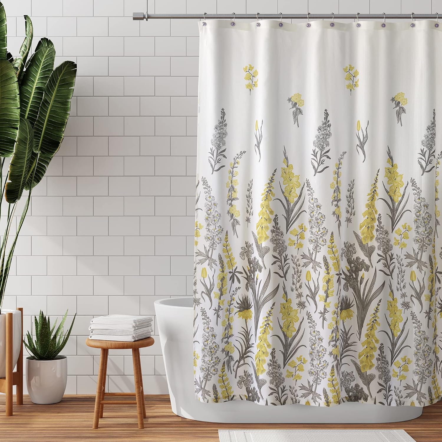 Zenna Home Snapdragon Floral, 70 x 72 in, Yellow and Grey Fabric Shower Curtain, 70" x 72"