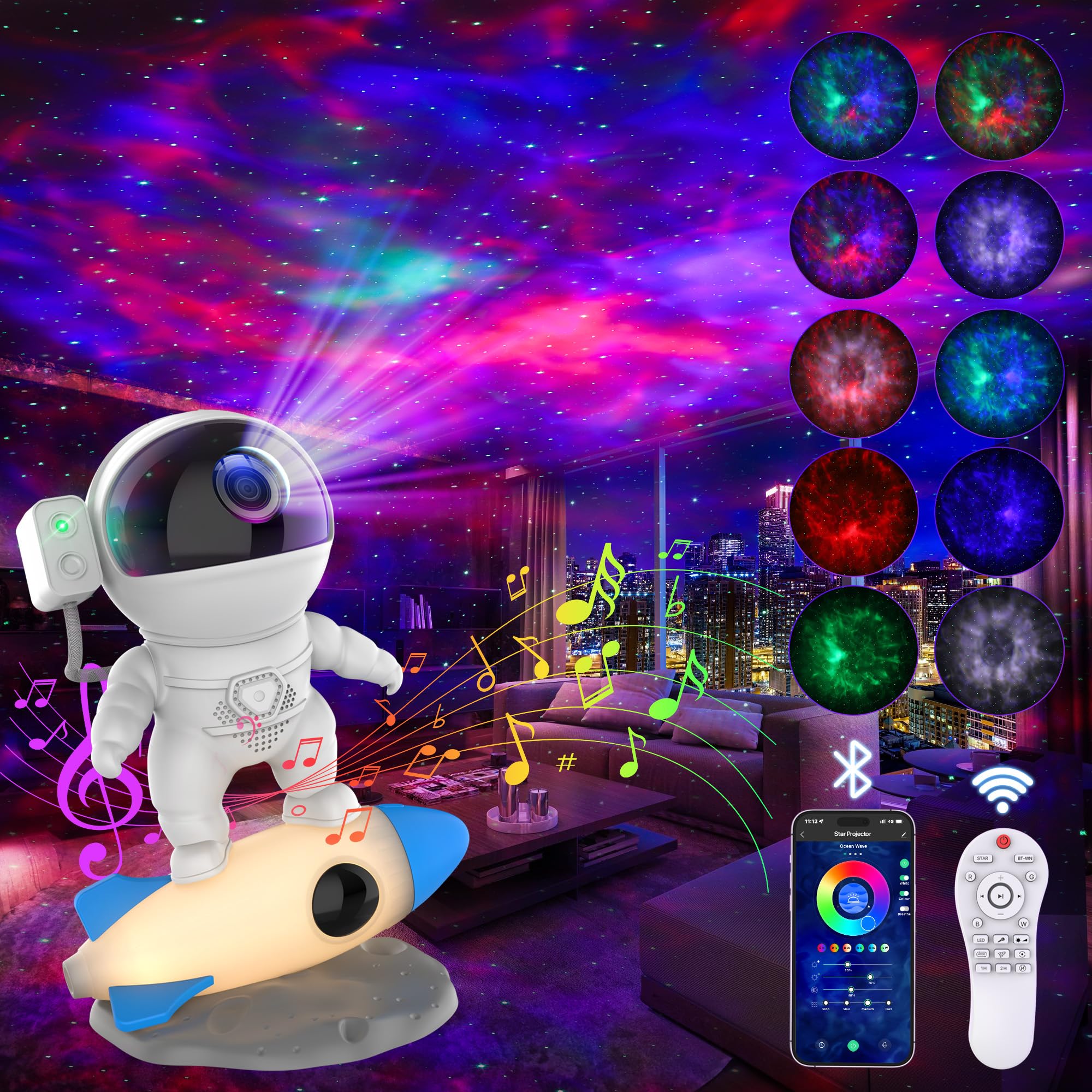 Astronaut Galaxy Projector for Bedroom, Star Projector Galaxy Light with App & Remote Control, White Noises, Bluetooth Speaker, Rocket Night Light for Kids, Ceiling, Gifts, Room Decor