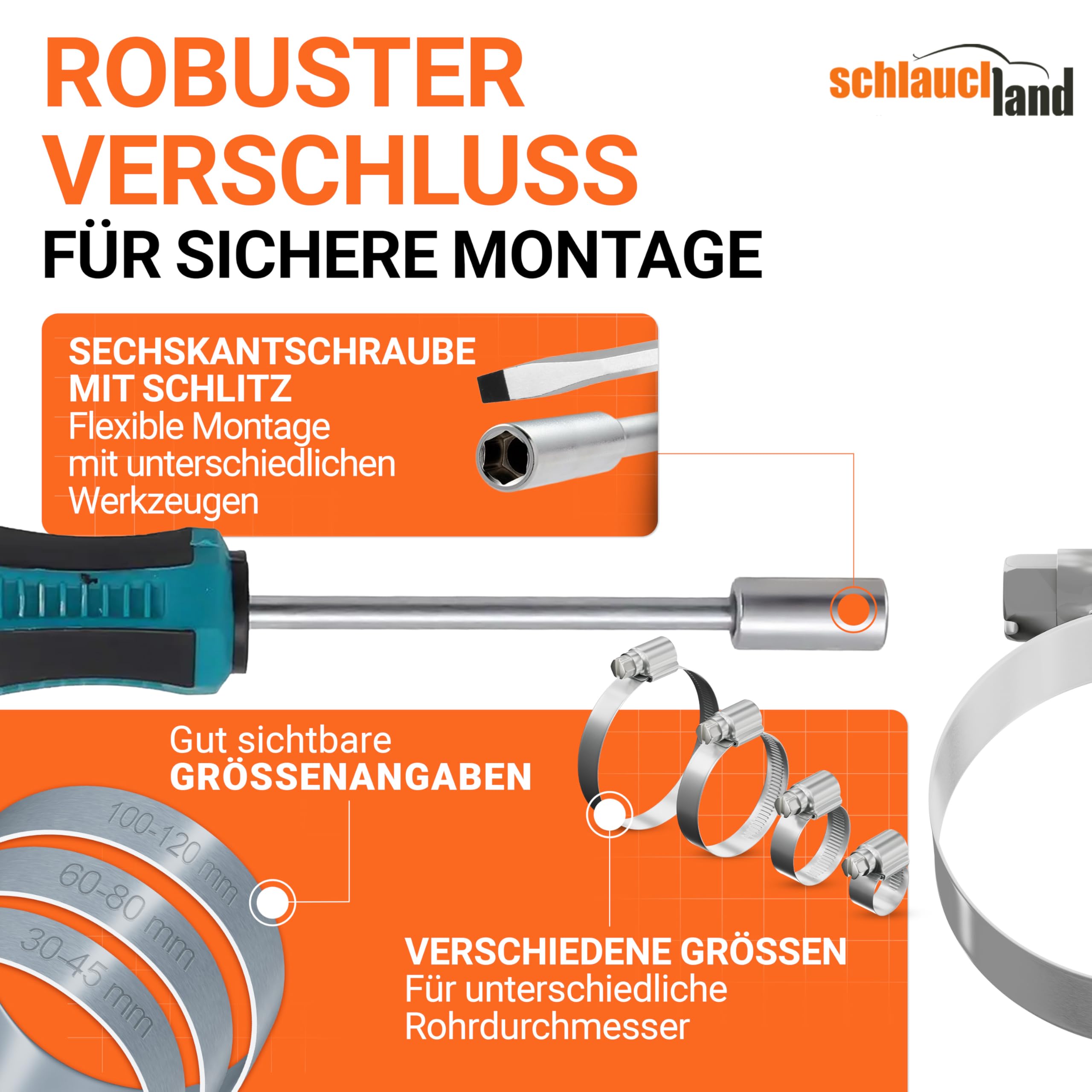 10 Stück SCHLAUCHSCHELLE EDELSTAHL-SCHELLE Ø 220-240mm DIN 3017 W4-QUALITÄT 100% Edelstahl INOX V2A 1.4301 | GRÖSSEN 12-260mm & 1/10/20/50/100er Pack | 12mm Schnecken-Gewinde Schlauch-Klemme TOP