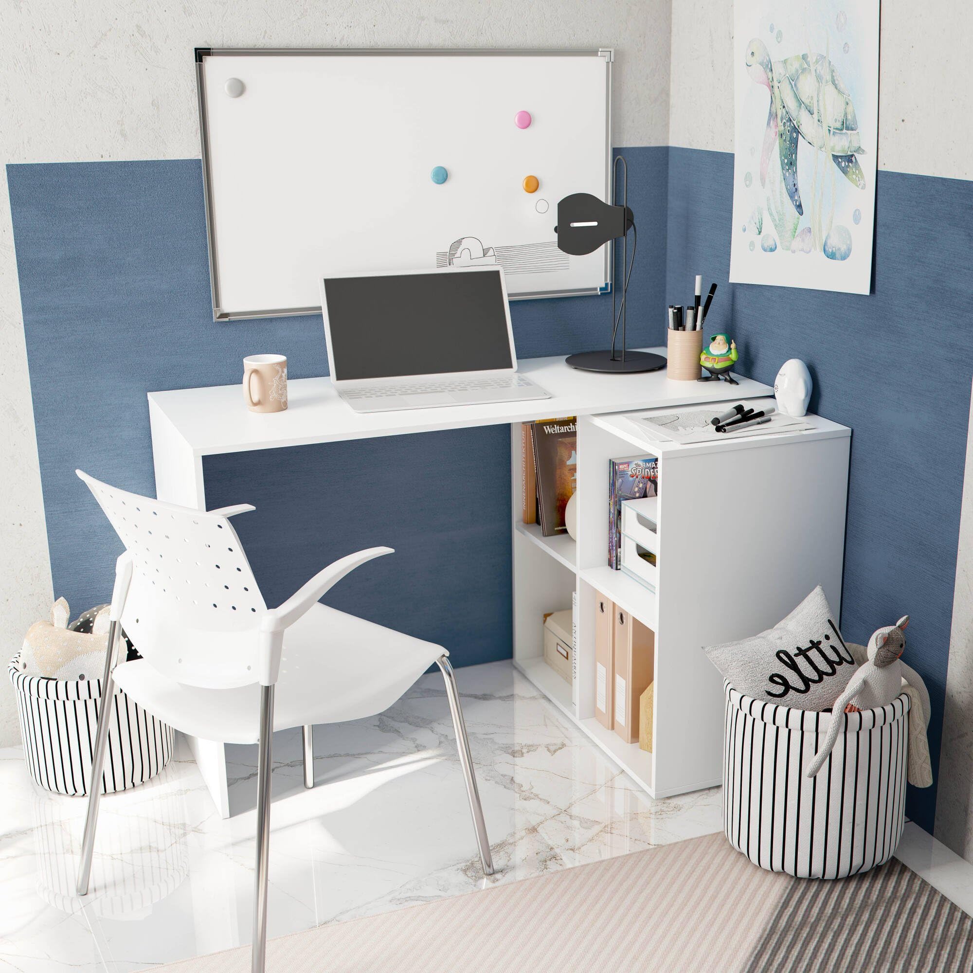 Dmora - Scrivania Revere, Scrittoio angolare, Tavolo ufficio multiuso, Scrivania salvaspazio multiposizione, 152x49h74 cm, Bianco