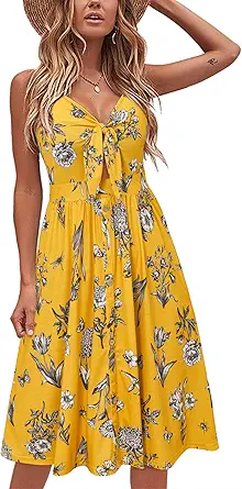 VOTEPRETTY Women's 2023 Floral V Neck Tie Front Spaghetti Strap Beach Dresses with Pockets