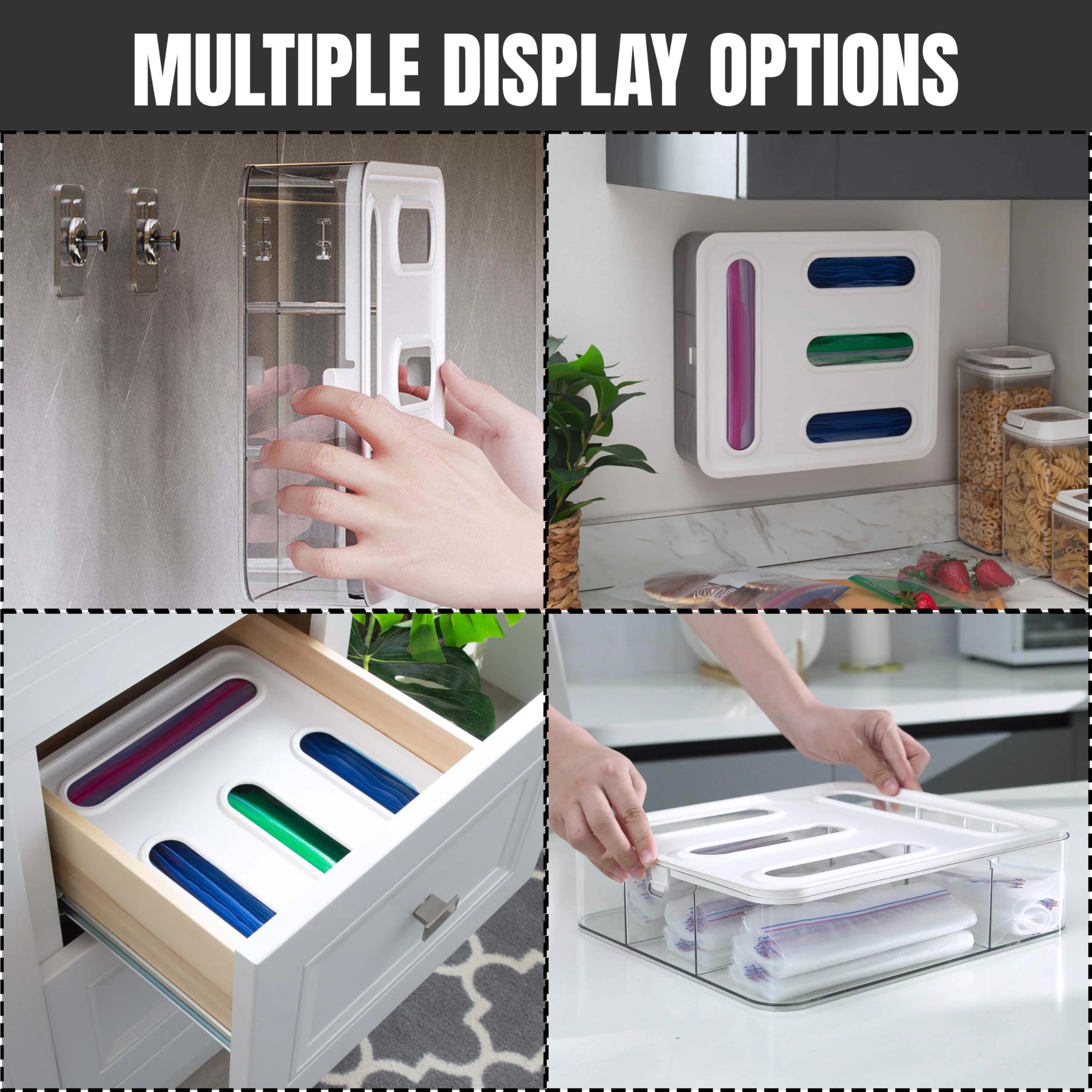 Organizador de bolsas Ziplock para cocina, 4 ranuras, montaje en pared o almacenamiento de cajones, dispensador de bolsas de plástico con diseño de tapa de bloqueo