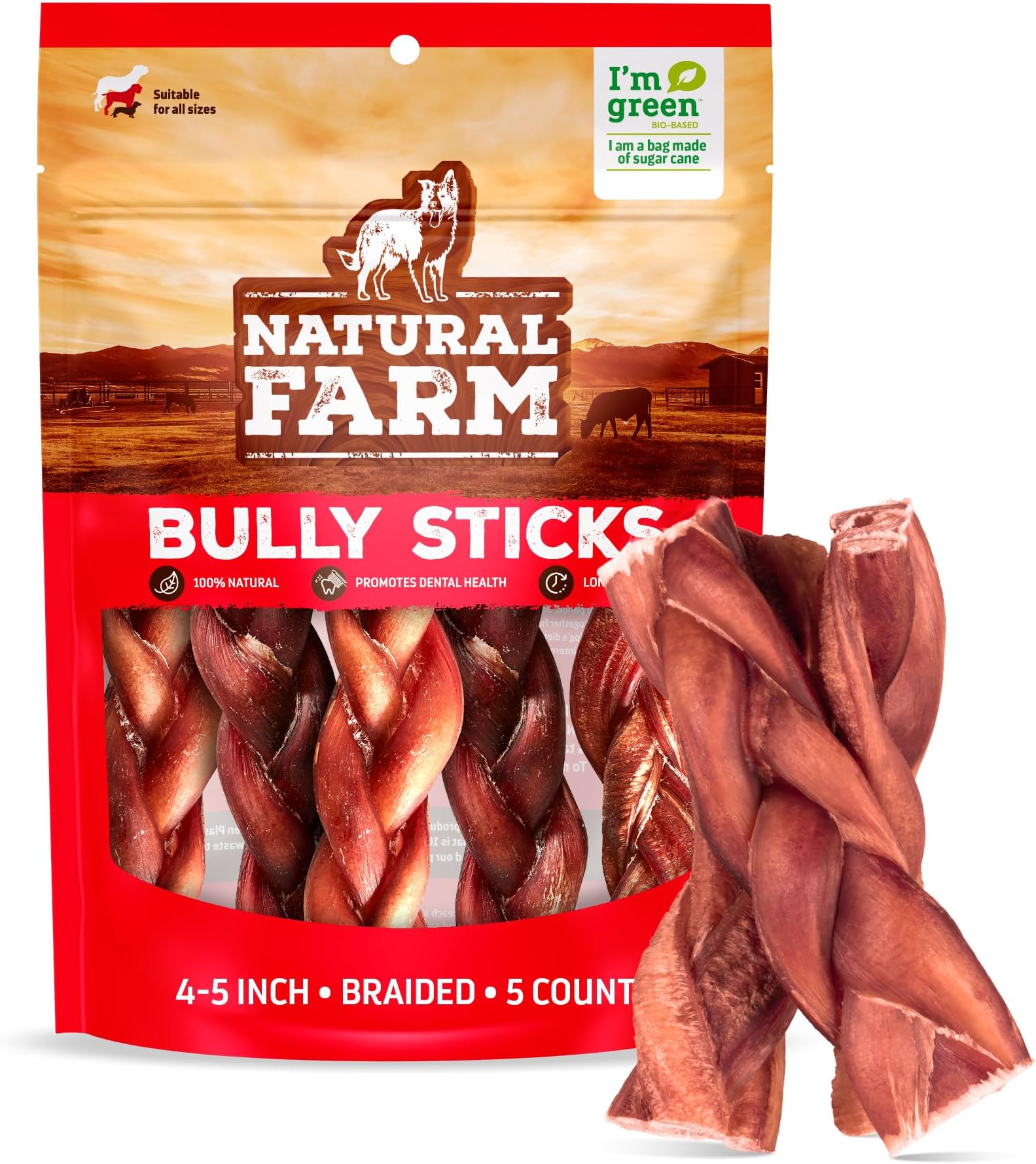 Natural Farm Odor-Free Braided Bully Sticks (4-5 Inch, 5 Pack) - 100% Grass-Fed Beef, Grain-Free, Low Fat & Fully Digestible Best Dental Treats, Safest Long Lasting Pizzle Chews to Keep Your Dog Busy