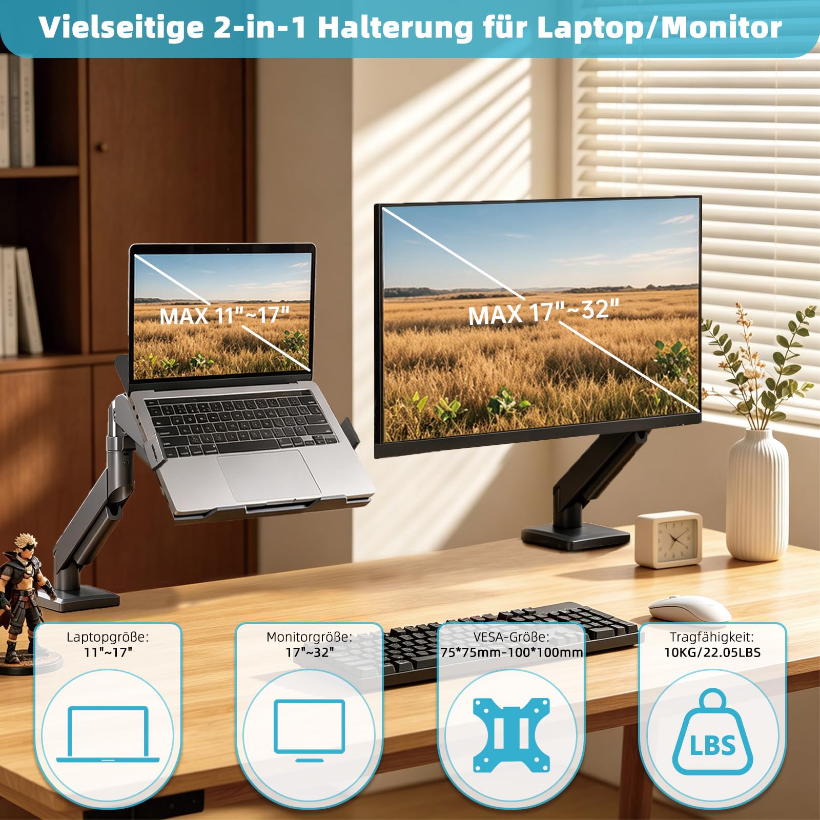 Supporto regolabile 2 in 1 per laptop | Supporto da scrivania per computer portatile da 11-17" e monitor da 17-32", supporta fino a 10 kg