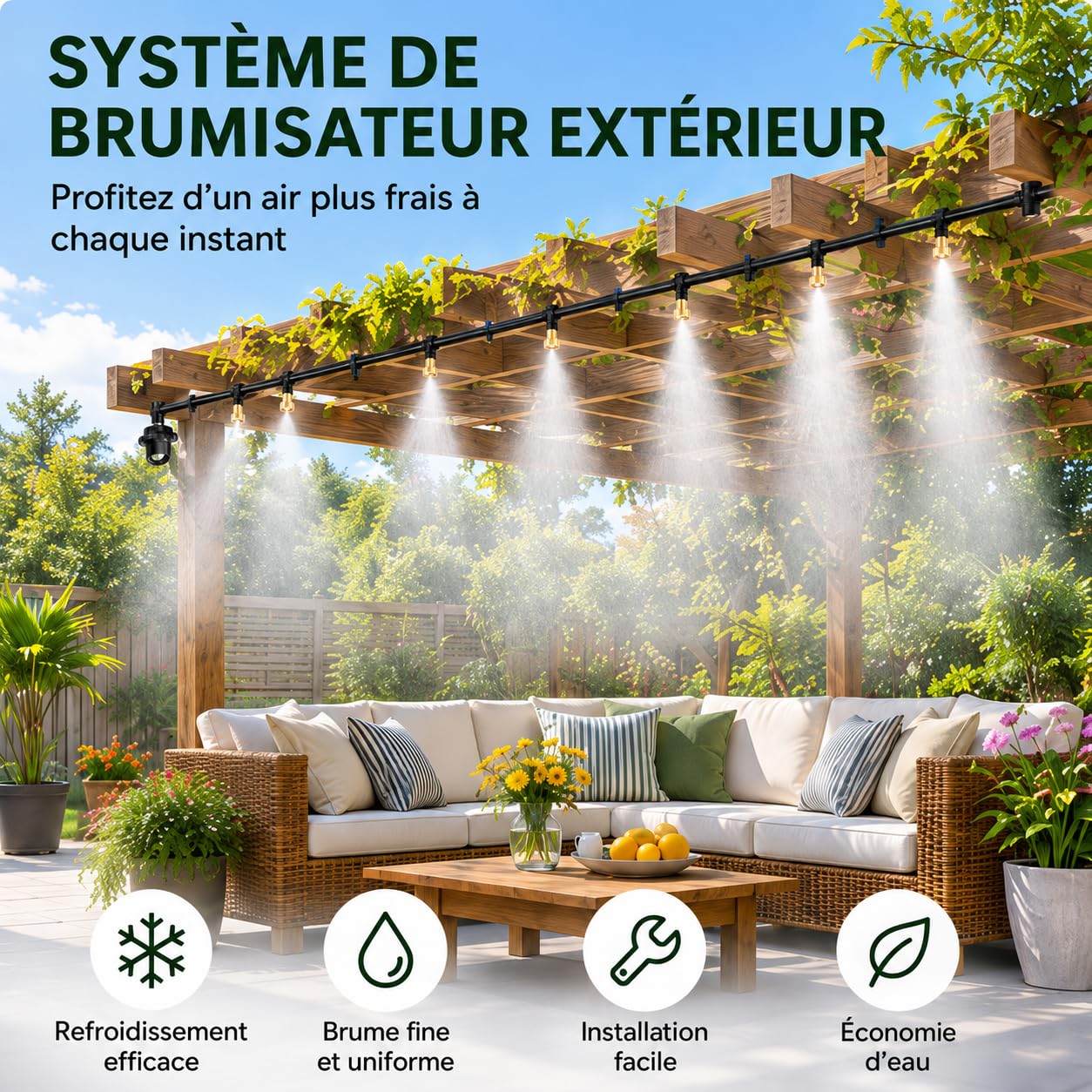 Brumisateur Terrasse Exterieur Kit D’Irrigation, Système De Brumisateur Extérieur, Système De Refroidissement Extérieur pour Jardin, Serre, Piscine, Parasols et Pergola (25m)
