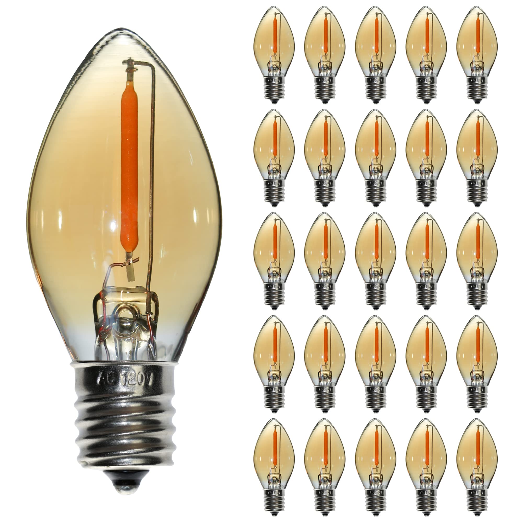 Paquete de 25 bombillas LED de repuesto C7, luz nocturna E12, base de candelabro, cadena de luz retro, bombilla de filamento LED, ámbar, 2200 K, 0,5 W, transparente, comercial, regulable, bombillas