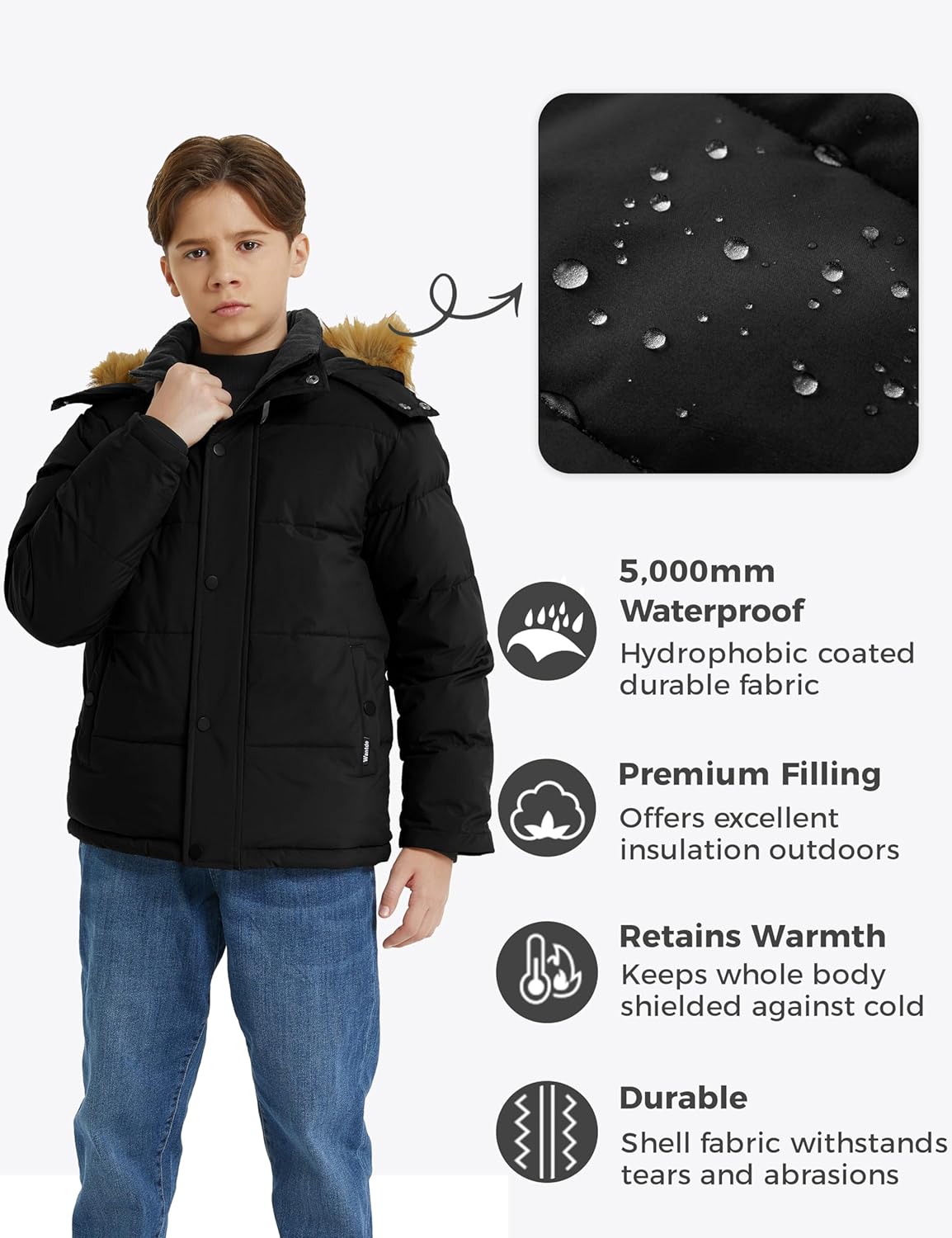 Wantdo Boys' Winter Coat Warm Puffer Coat Waterproof Winter Jacket with Faux Fur Hood - Image 2