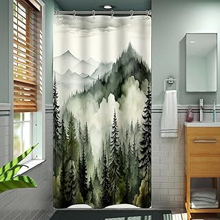 Small Stall Misty Forest Shower Curtain 36 x 72 Inch, Half Narrow Dark Green Mountain Shower Curtain, Woodland Tree Nature Landscape Waterproof Fabric Shower Curtain Set with Hooks