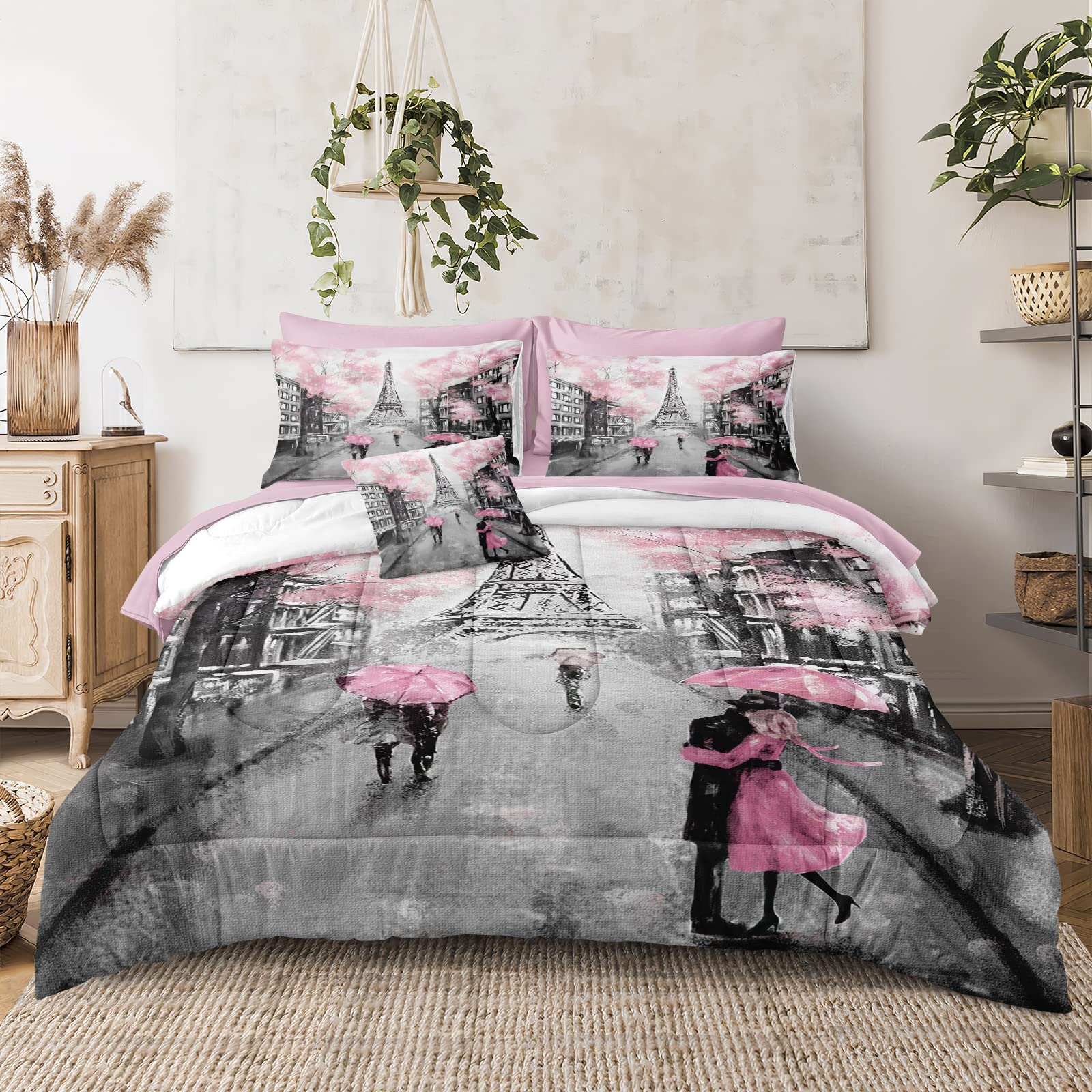 Merryword Pink Paris Comforter Set Queen Size 8 Pieces Bed in a Bag Sweet Couple Lovers Pink Flowers Design Bedding with 1 Comforter, 4 Pillowcases, 1 Flat Sheet, 1 Fitted Sheet, 1 Cushion Cover