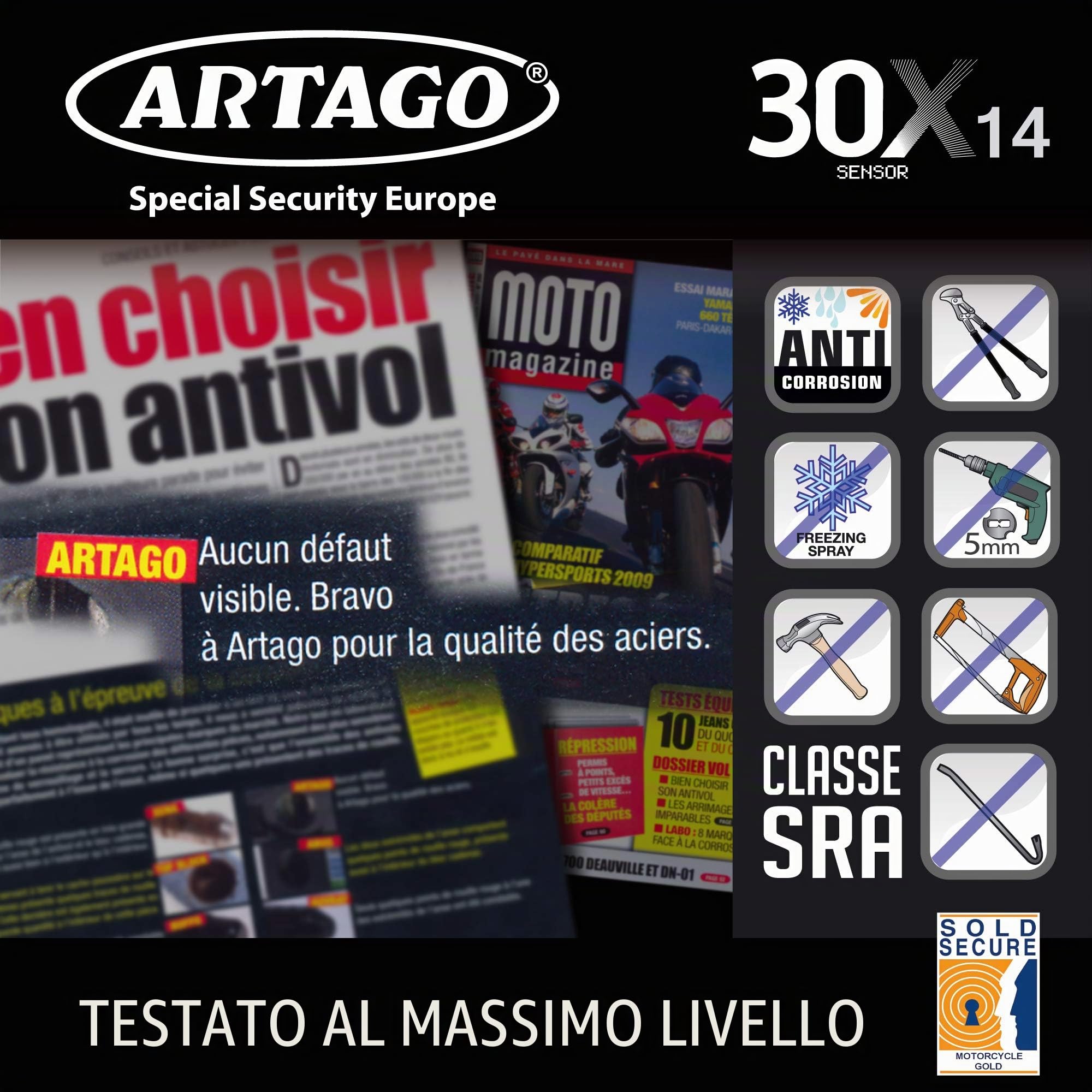 ARTAGO 30X5 Pack Antifurto Bloccadisco con Allarme 120db Alta Sicurezza + Supporto per Ducati Monster Diavel, Omologato Sra e Sold Secure Gold