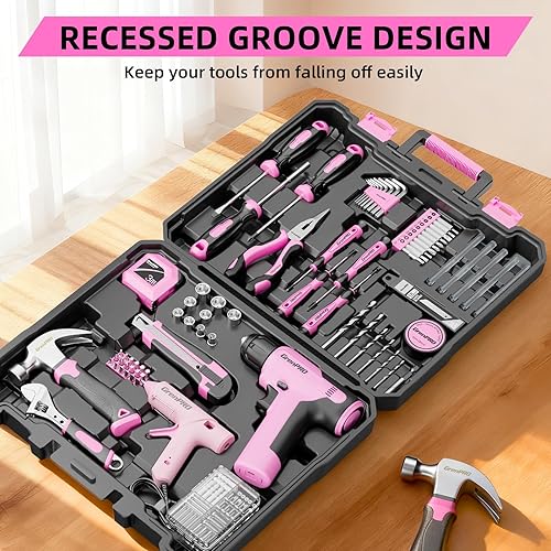 Vista 7 de Juego de herramientas rosa, juego de taladro, 188 piezas de kit de herramientas para el hogar con taladro inalámbrico rosa, kit de herramientas