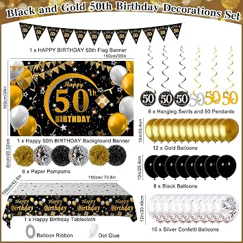 50th Birthday Decorations for Men Women, 50th Birthday Banner Backdrop Balloons Black and Gold, Happy 50 Bday Decorations Banners Tablecover Triangle Flag, 50 Year Old Bday Gifts Men Party Supplies