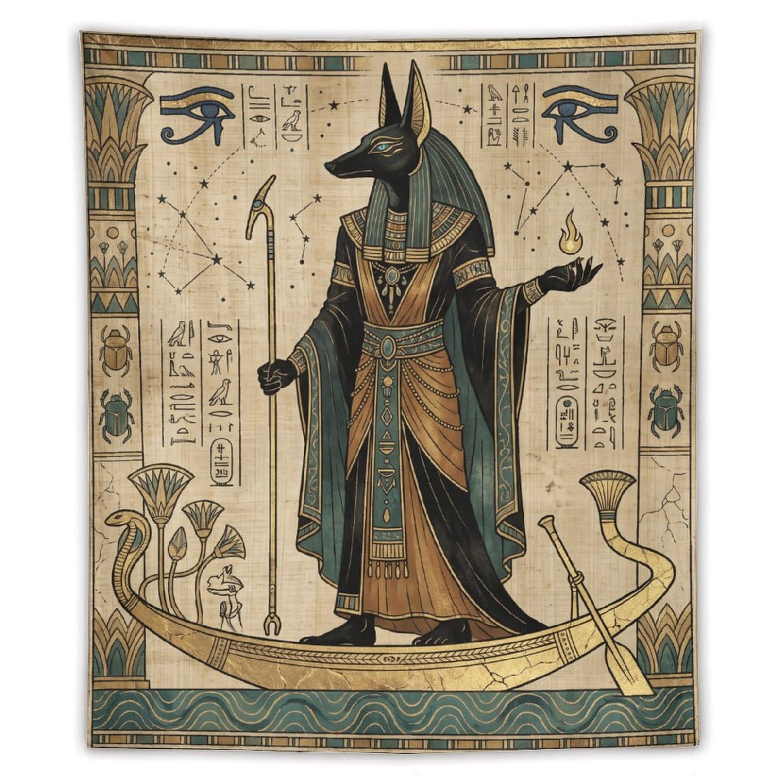 H3B8U2Y5 Anubis Boat Egyptian Wall Tapestry, Detailed Illustration Style