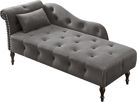 Tufted Velvet Chaise Lounge Indoor, Modern Upholstered Lounge Chair w/Copper Nails, Solid Wood Legs and Pillow Grey