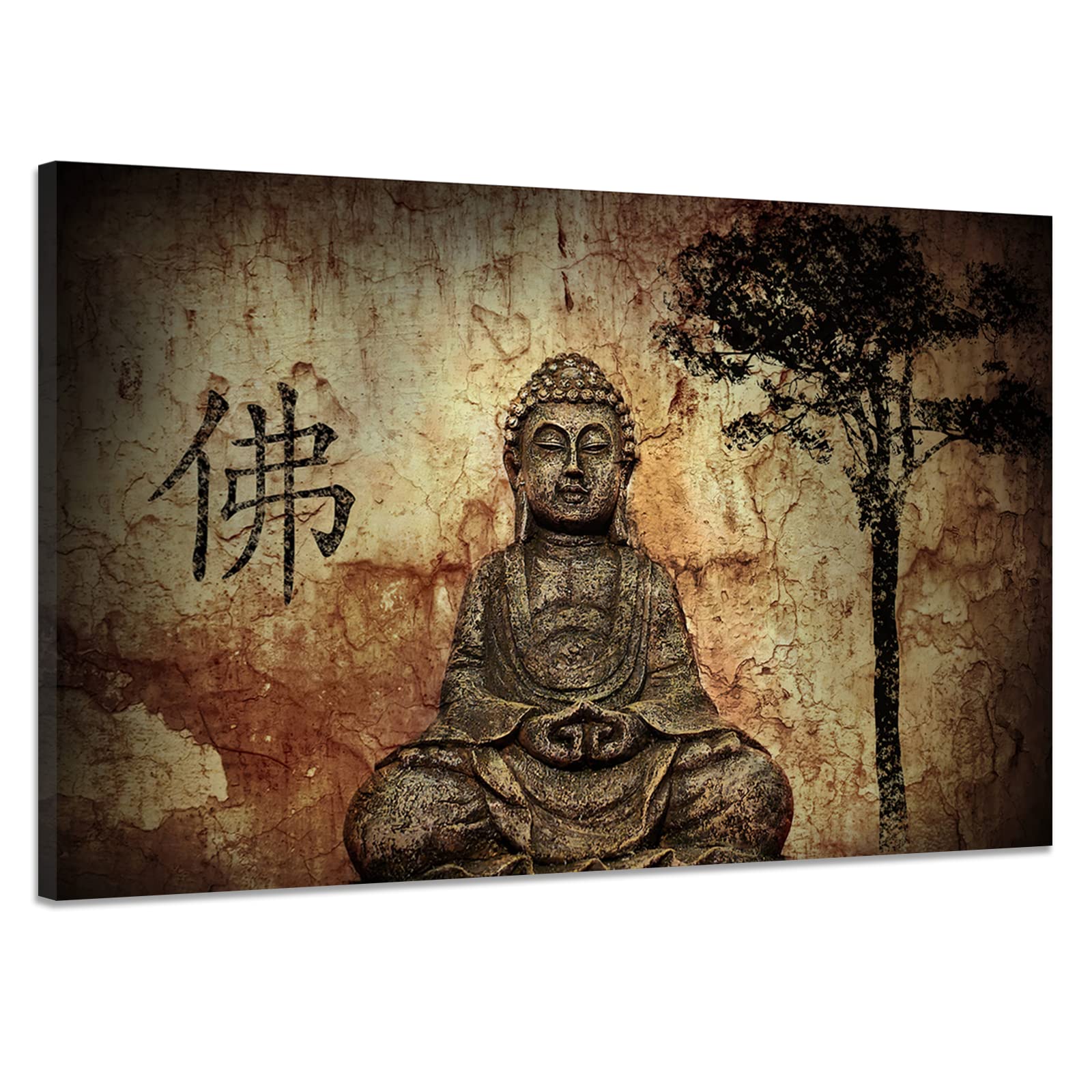 RINWUNSCanvas Wall Art Buddha Painting Seated Buddha in Grotto Prints on Canvas Zen Statue Home Decor Spiritual Poster Stretched and Framed Artwork Picture for Living Room Ready to Hang - 16x24 in
